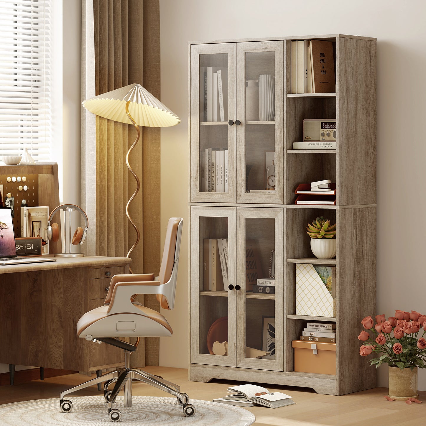 Mole Pantry Wooden Grey Wood Effect Kitchen Storage Cabinet With Glass Doors
