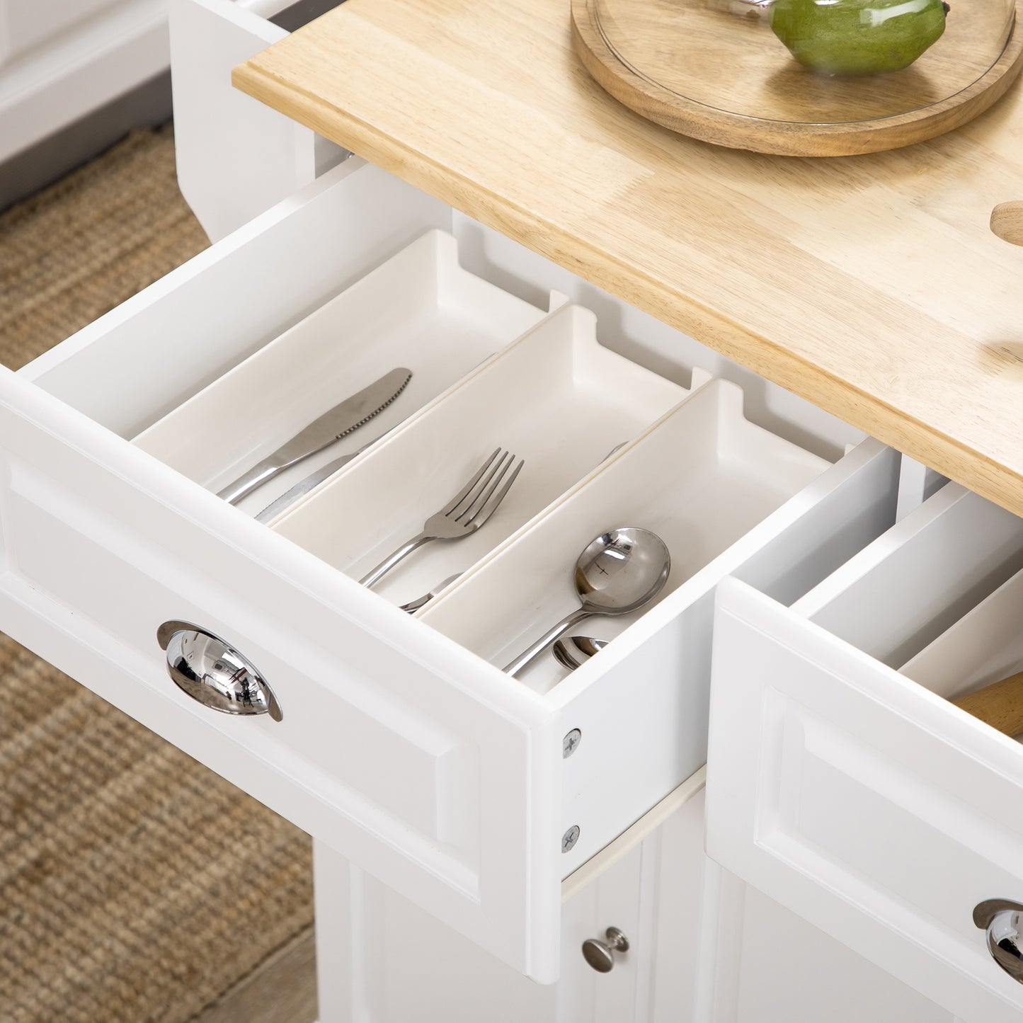 Nirael Wooden White Rolling Kitchen Island With Rubberwood Top Drawer And Storage