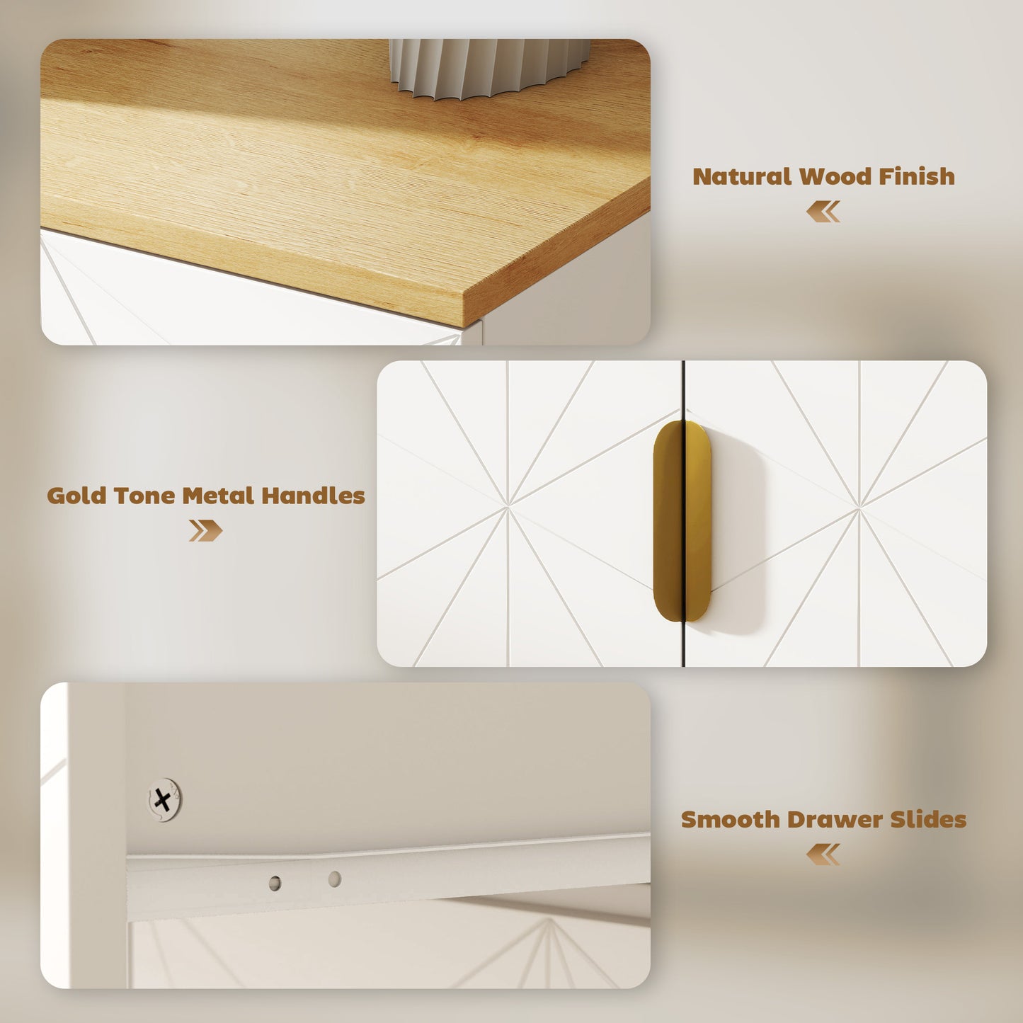 Rilosa White Geometric Modern Sideboard Natural Top With Storage Drawer and 2 Doors