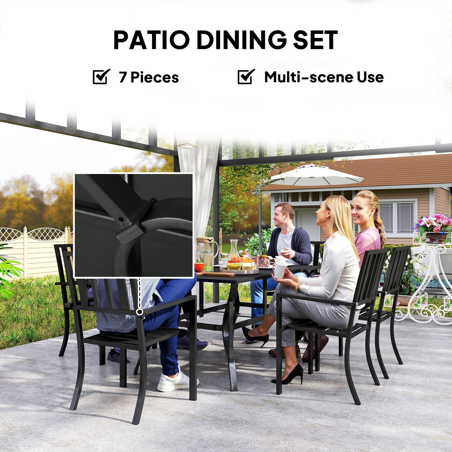 Suri Metal Black 6 Seater Outdoor Dining Table And Chairs Set With Parasol Hole
