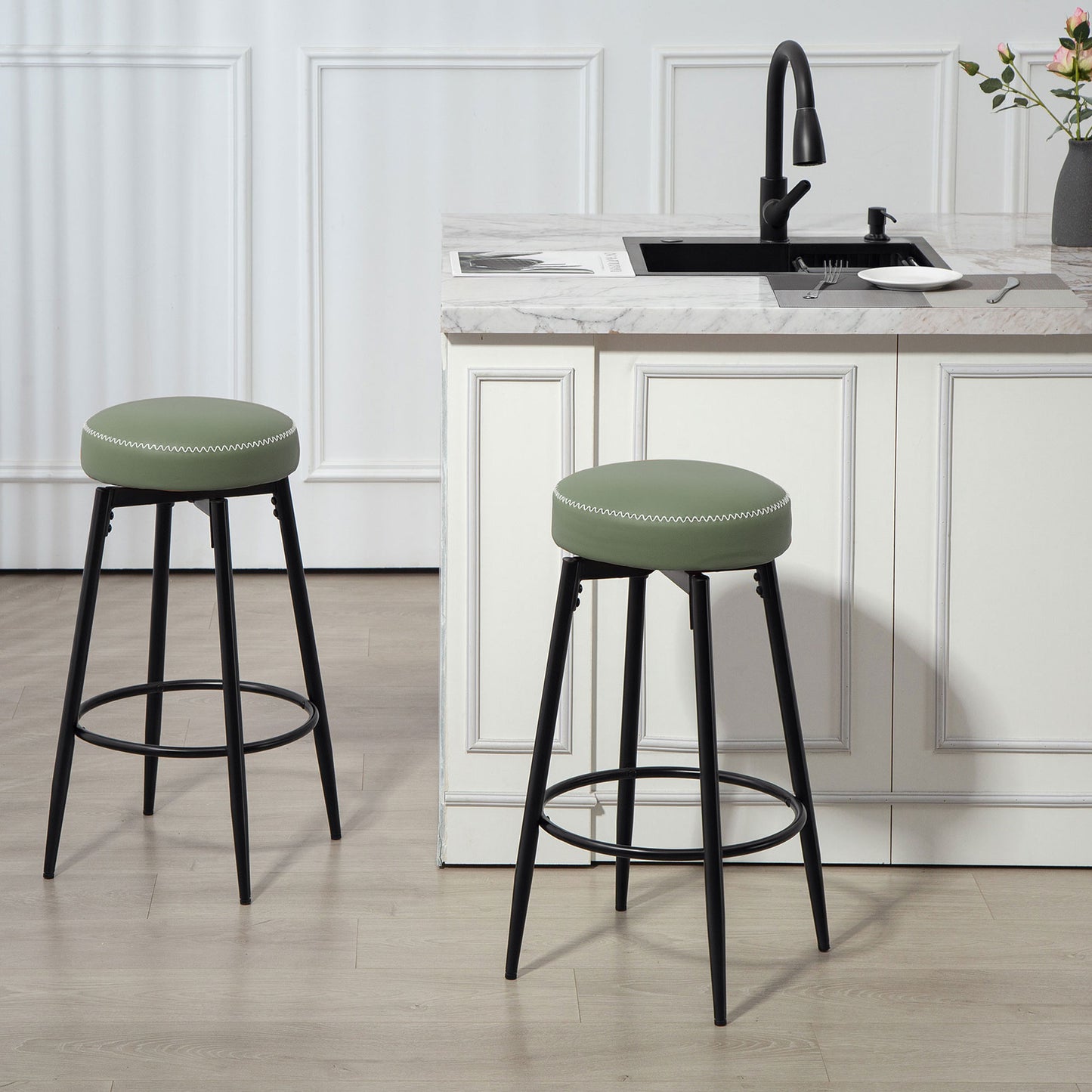 Rivali Faux Leather Green And Black Bar Stools Set Of 2 With Footrests