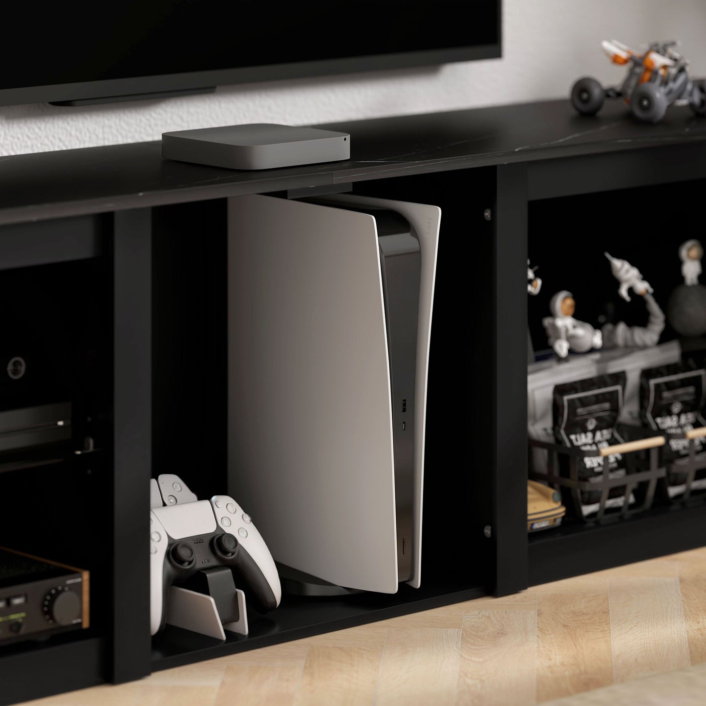Filu Nara 160cm Wooden Black TV Stand With LED Lighting And Storage For 65 Inch Screens