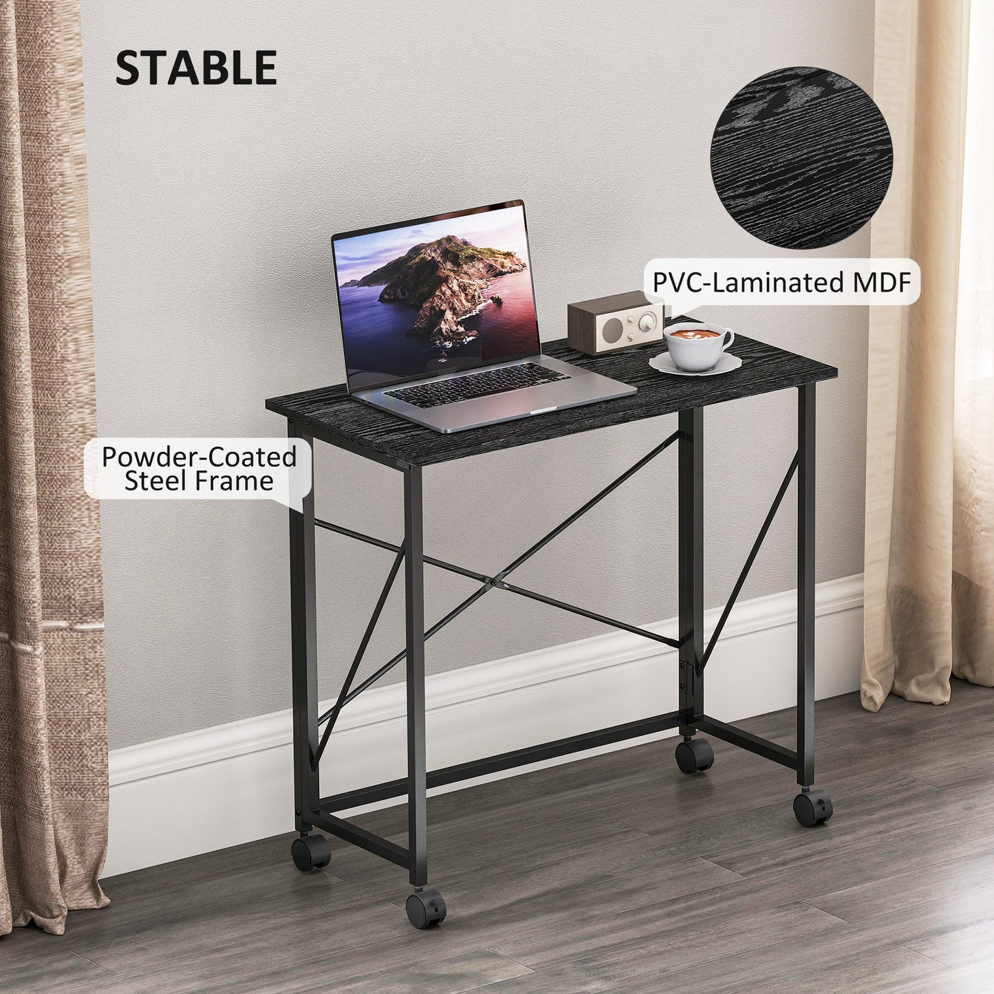 Ziyozi 80cm Metal and Wood Black Folding Desk On Lockable Wheels