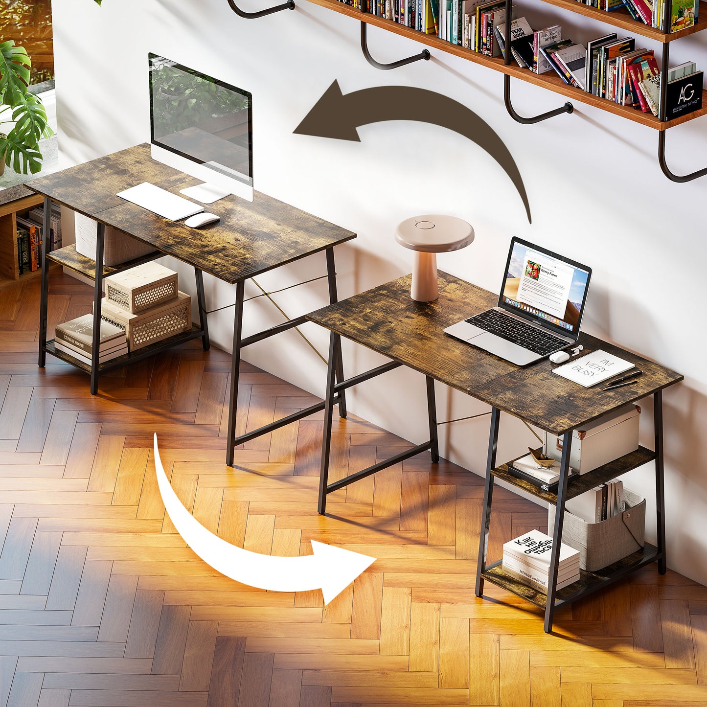 Doso 120cm Metal And Wood Brown And Black Industrial Work Desk With Open Shelving