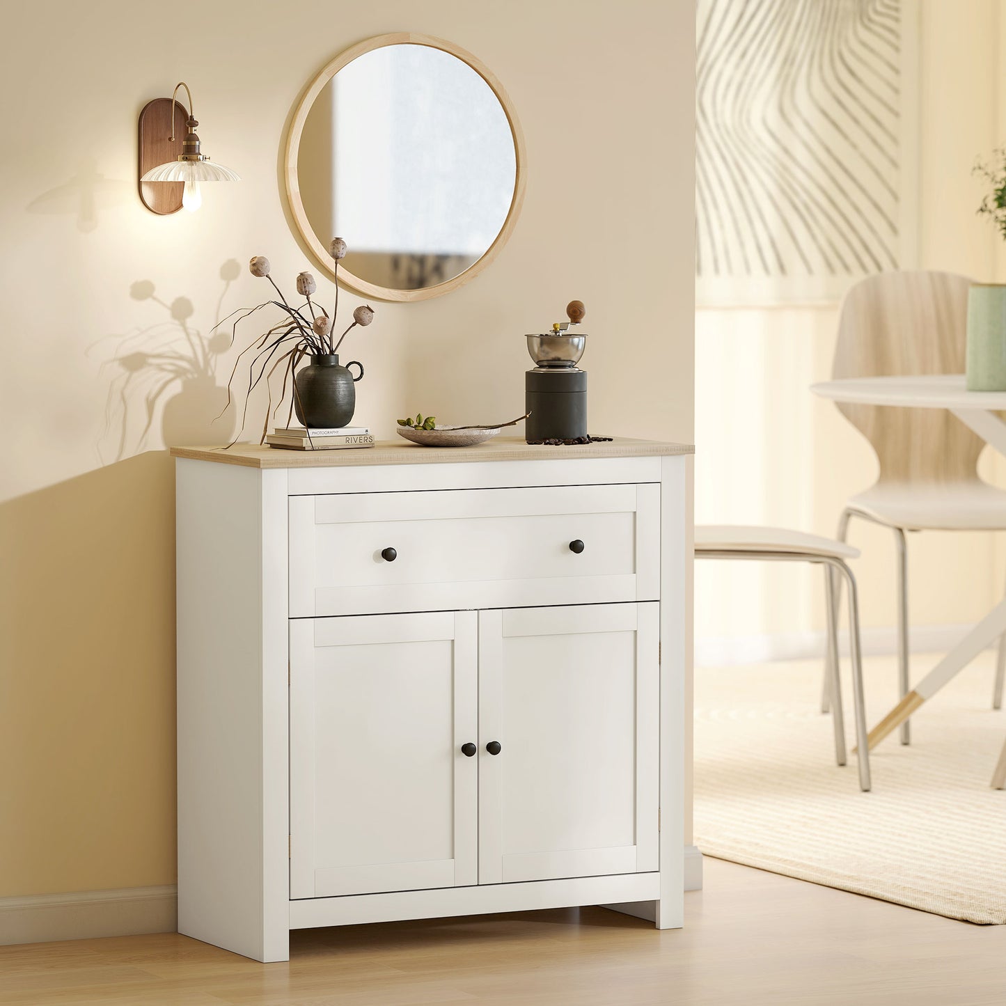 Viso Wooden Cream White Modern Sideboard With Drawers Adjustable Shelves And Double Doors