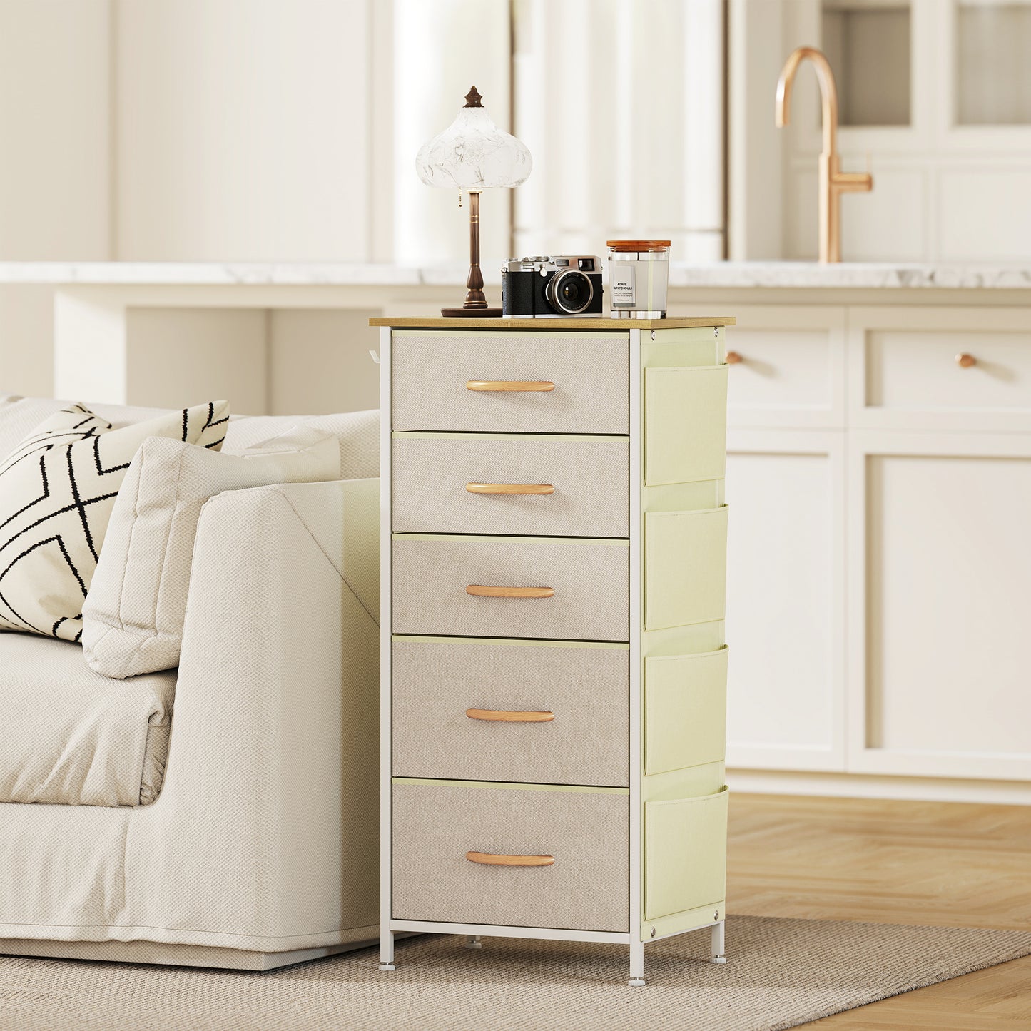 Batoro Fabric And Metal Beige 5 Drawer Storage Chest