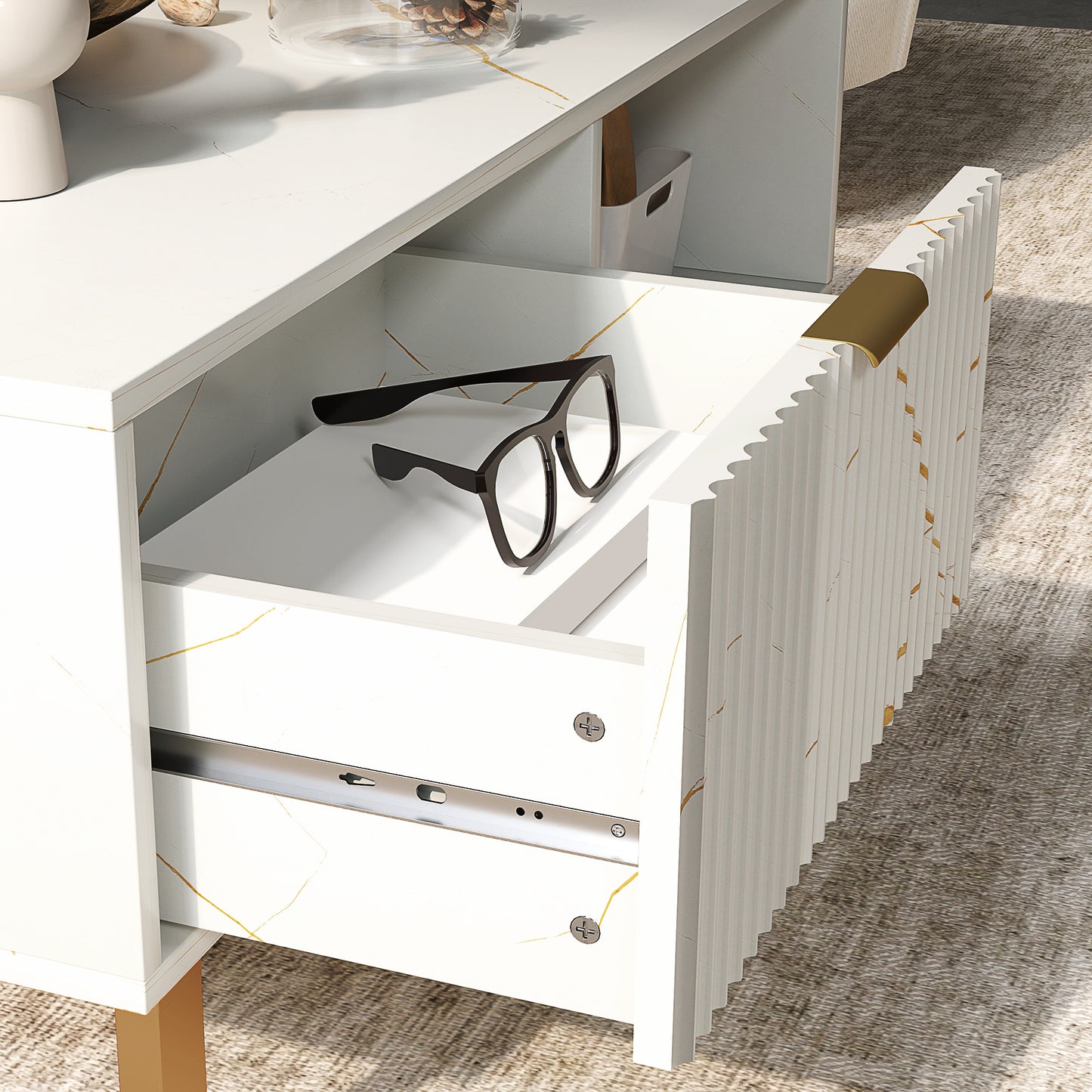 Lima Wooden White Marble Effect and Gold Coffee Table With 2 Storage Drawers