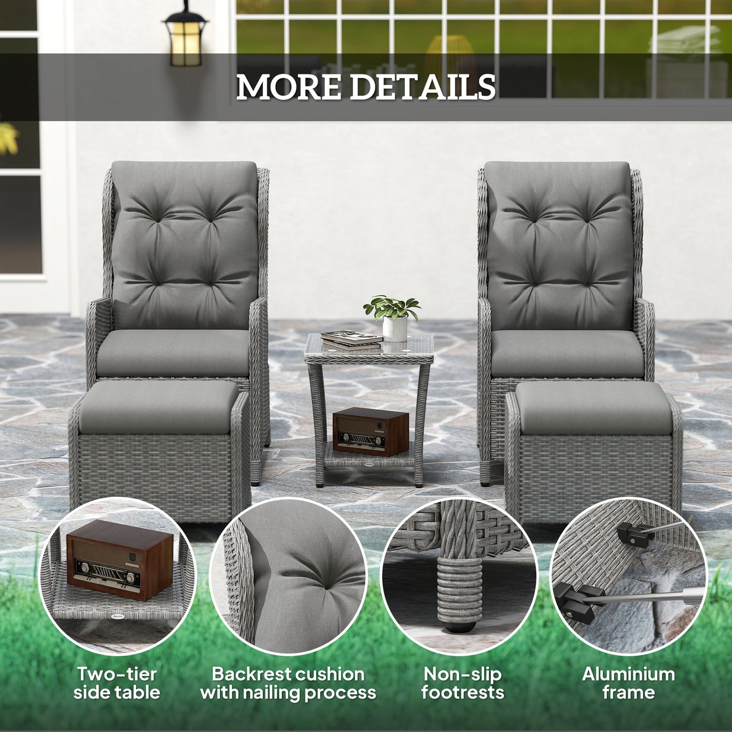 Kenolo Rattan Light Grey 5 Piece Reclining Bistro Furniture Set with Tufted Cushions Glass Top Table and Footstools