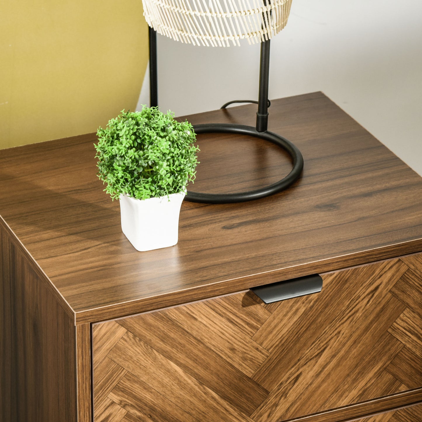 Lipana Wood Walnut Brown 2 Drawer Bedside Table With Metal Handle Detail