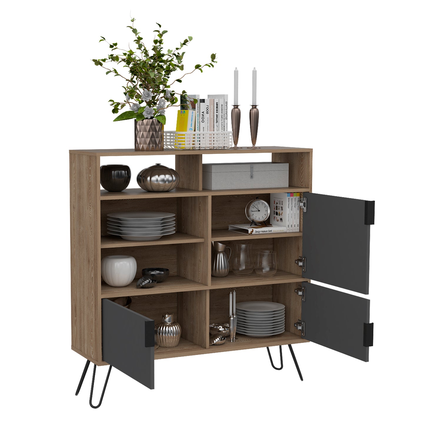 Datca Bleached Oak Wood High Sideboard With Open And Enclosed Storage