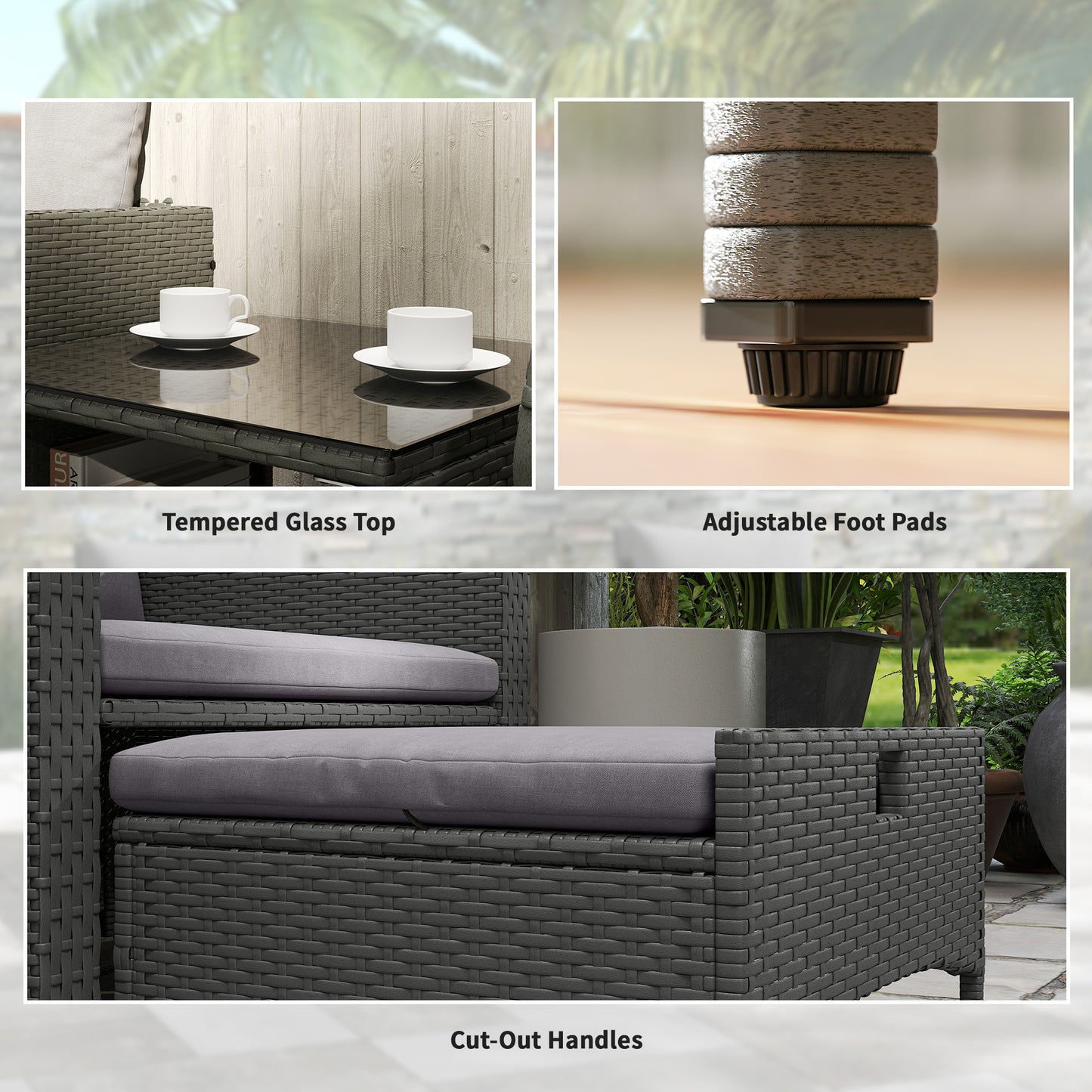 Rora Rattan Grey 5 Piece Garden Bistro Set With 2 Tier Coffee Table And Footstools