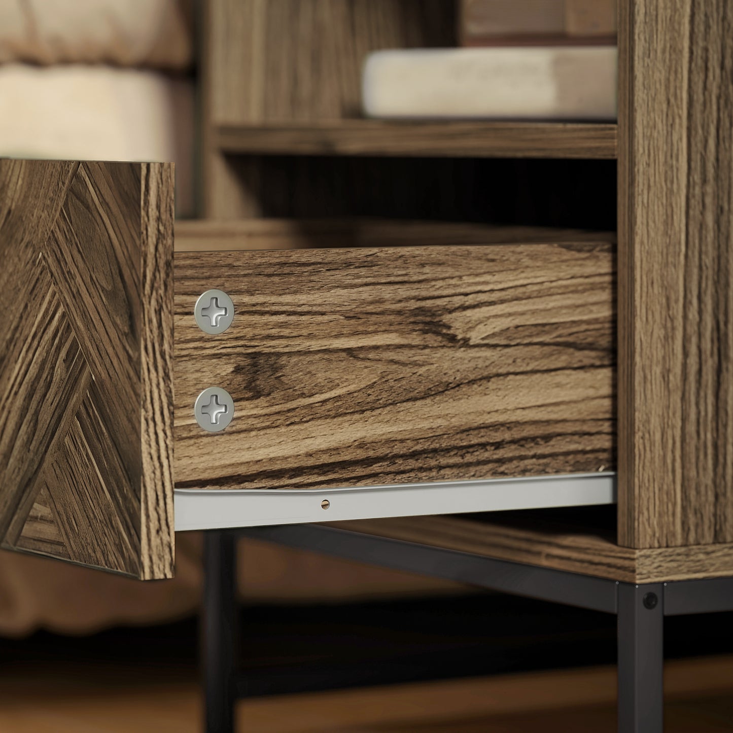 Kazi Brown Wood Effect Bedside Table With Drawer Shelf And Steel Legs