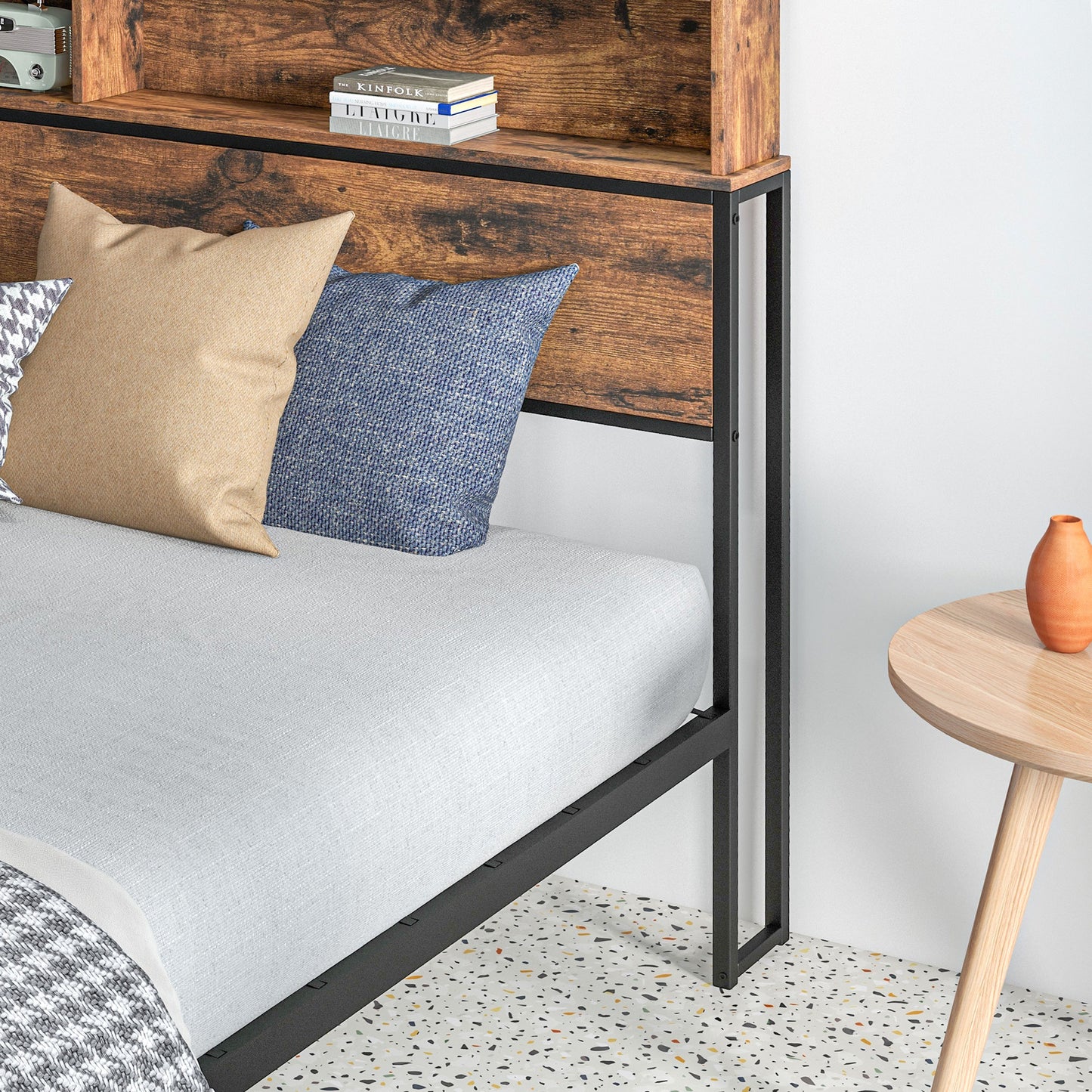 Selofa 5FT2 Brown and Black Metal Industrial King Bed Frame with Shelves