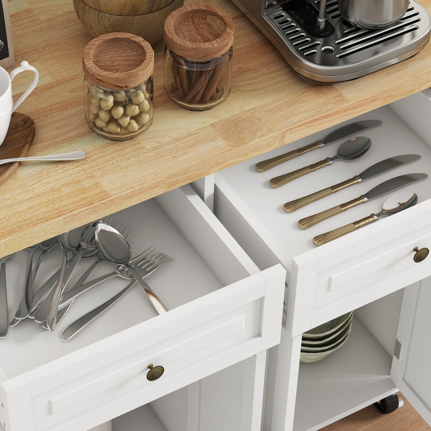 Vivali Rubberwood And Wooden Cream White Rolling Kitchen Island With Drawers And Storage