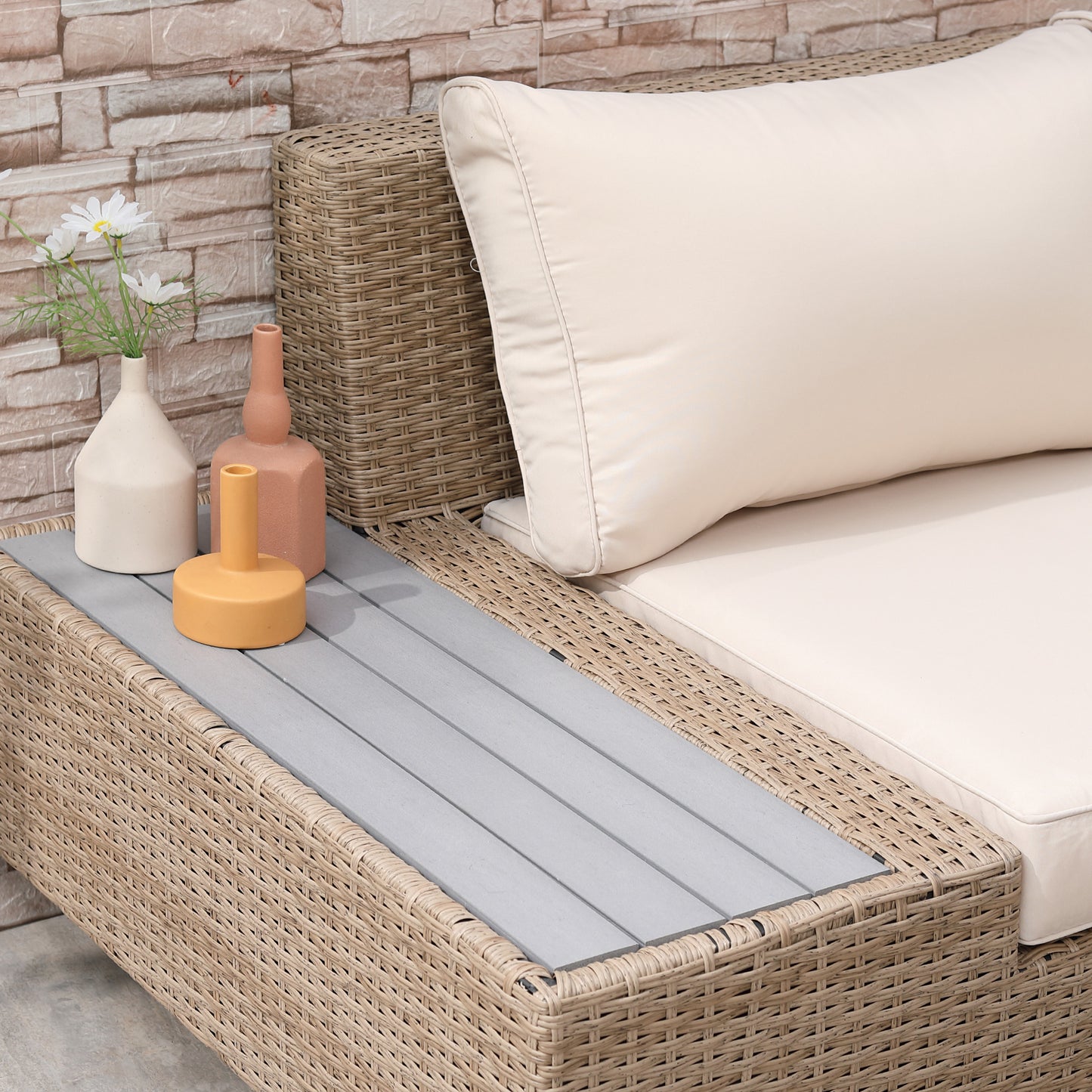 Repa Natural Rattan and Beige 5 Seater Garden Corner Sofa Set With Side Tables and Coffee Table