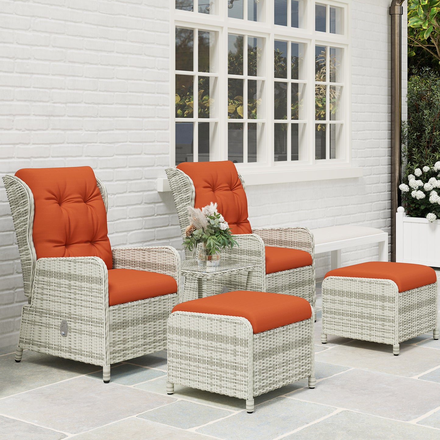 Bapa Rattan Orange 5 Piece Reclining Bistro Furniture Set with Glass Top Table And Footstools