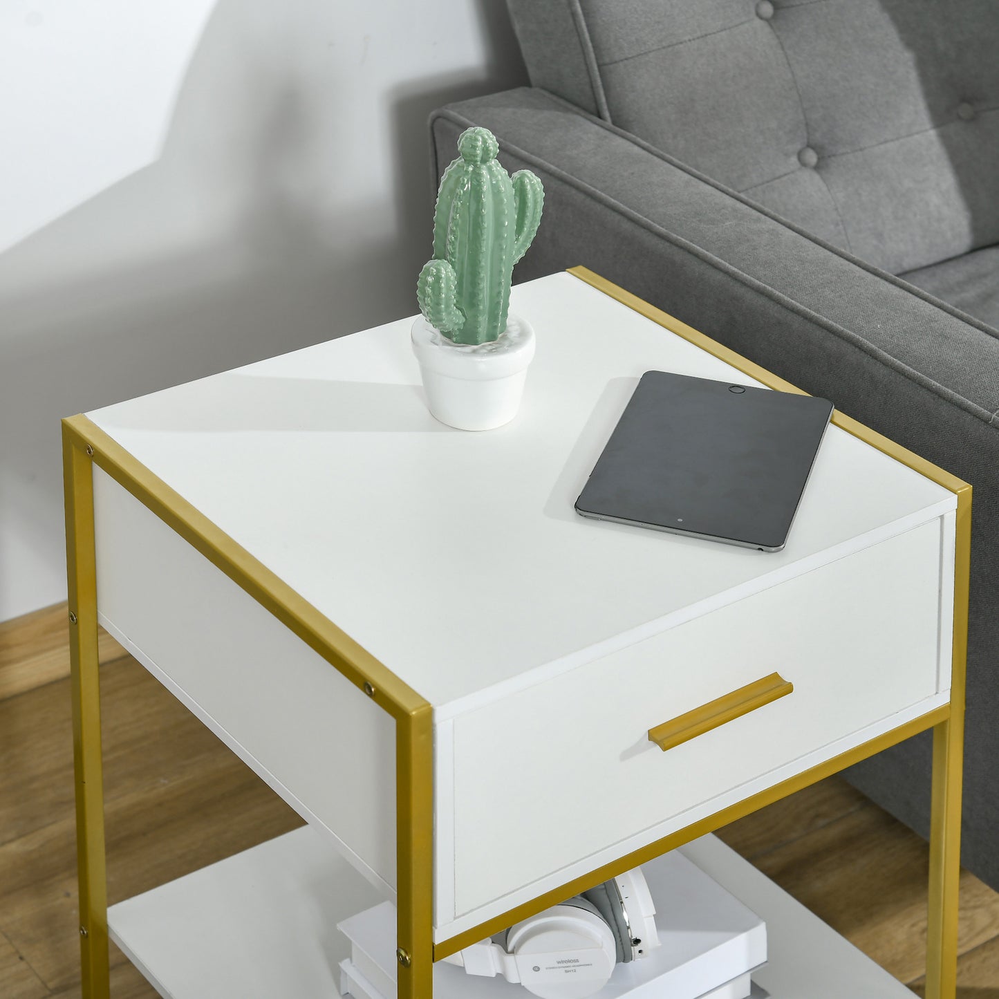 Fimase Set Of 2 Wooden White Bedside Tables With Drawer And Shelf