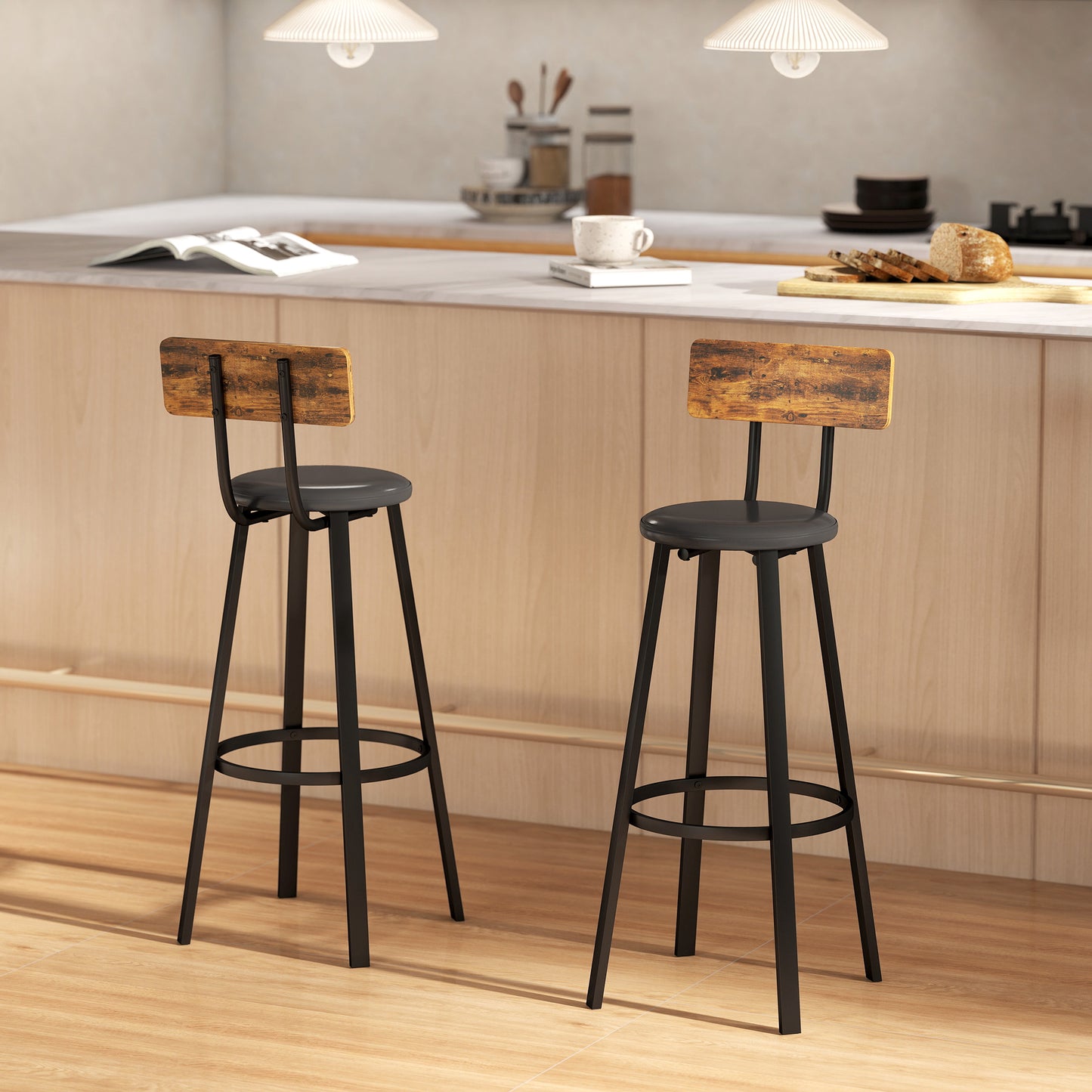 Namto Set Of 2 Brown And Black Industrial Steel Frame Bar Stools
