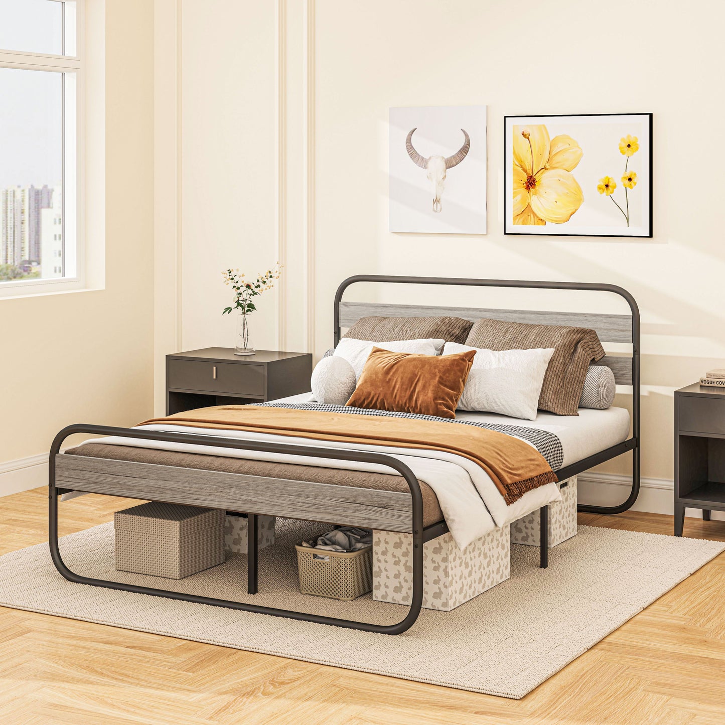 Cozine 4FT6 Grey and Black Metal Industrial Double Platform Bed Frame