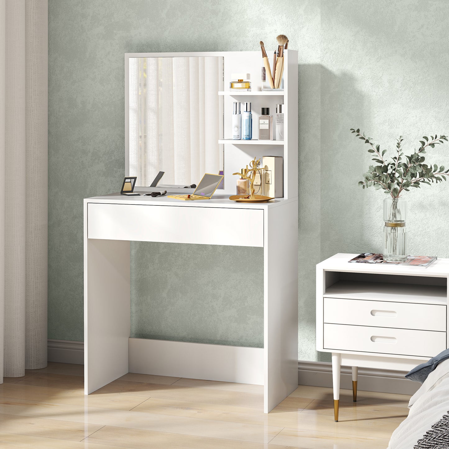 Ketoli White Dressing Table With Mirror And Integrated Storage Compartments