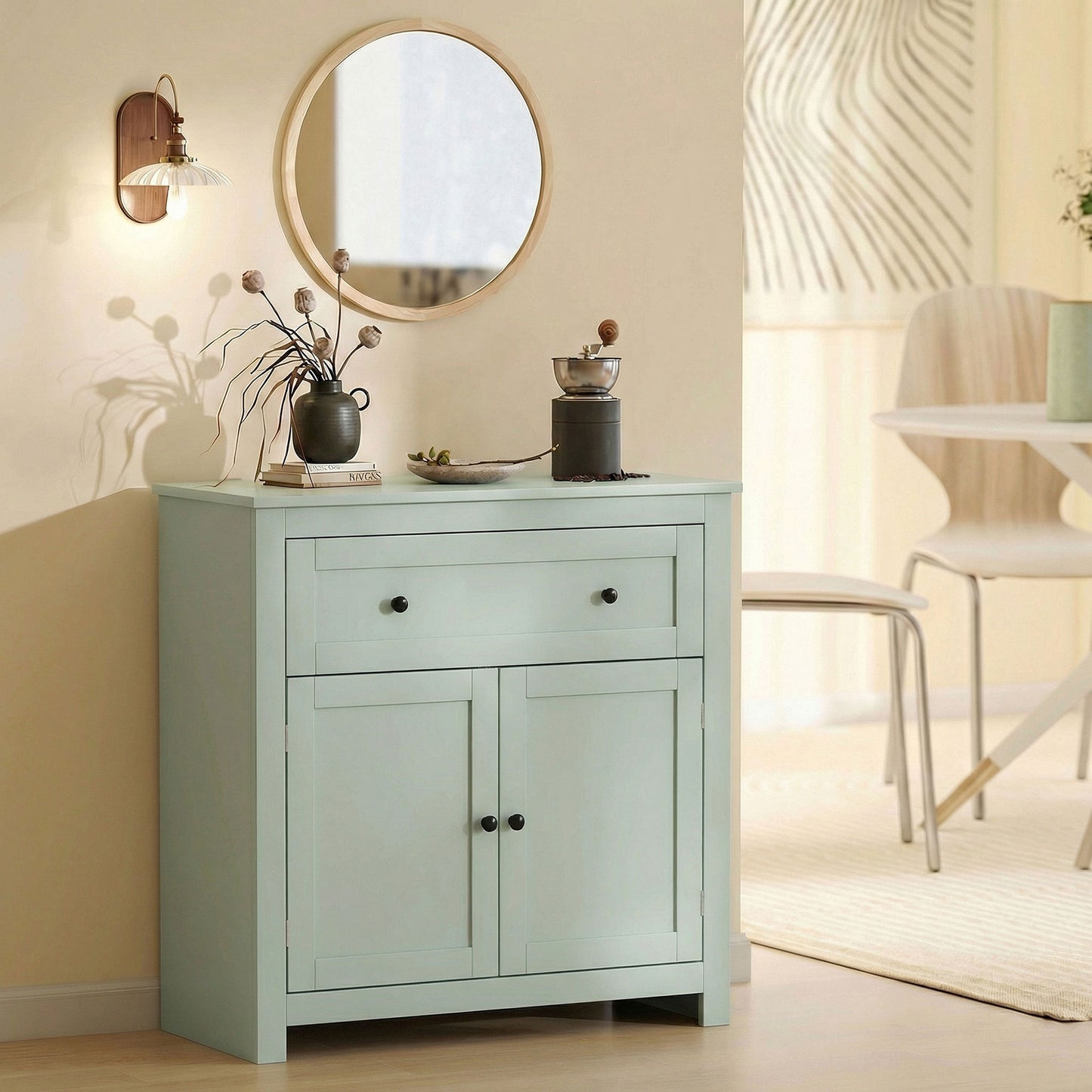 Luhaso Wooden Green Modern Sideboard With Drawers Adjustable Shelves And Double Doors