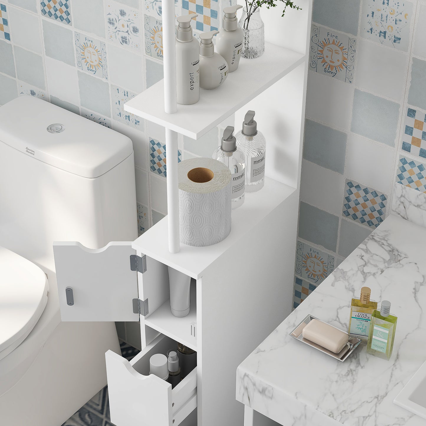 Tafi Slim Tall Bathroom Cupboard With Drawers And 2 Tier Shelving Unit White