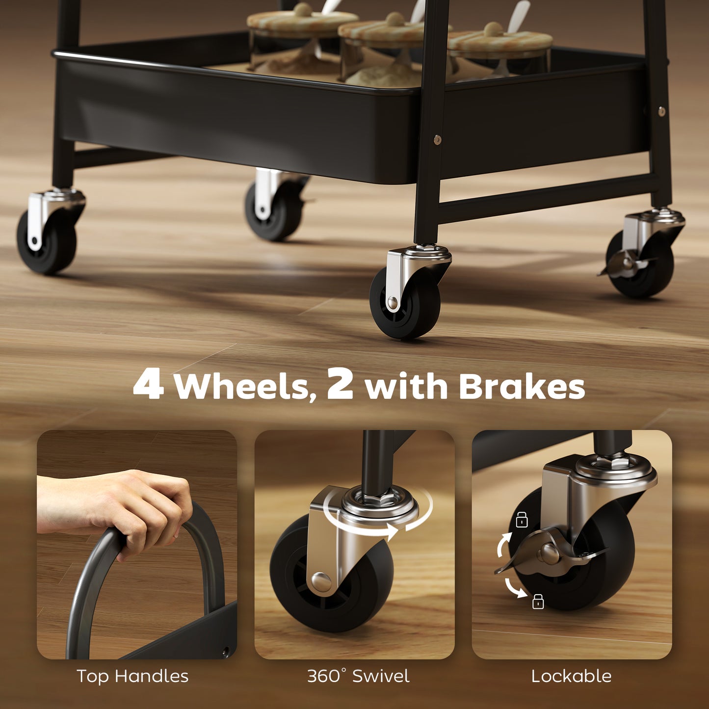 Rottola Wooden Rustic Brown And Black 3 Tier Kitchen Trolley With Covered Top