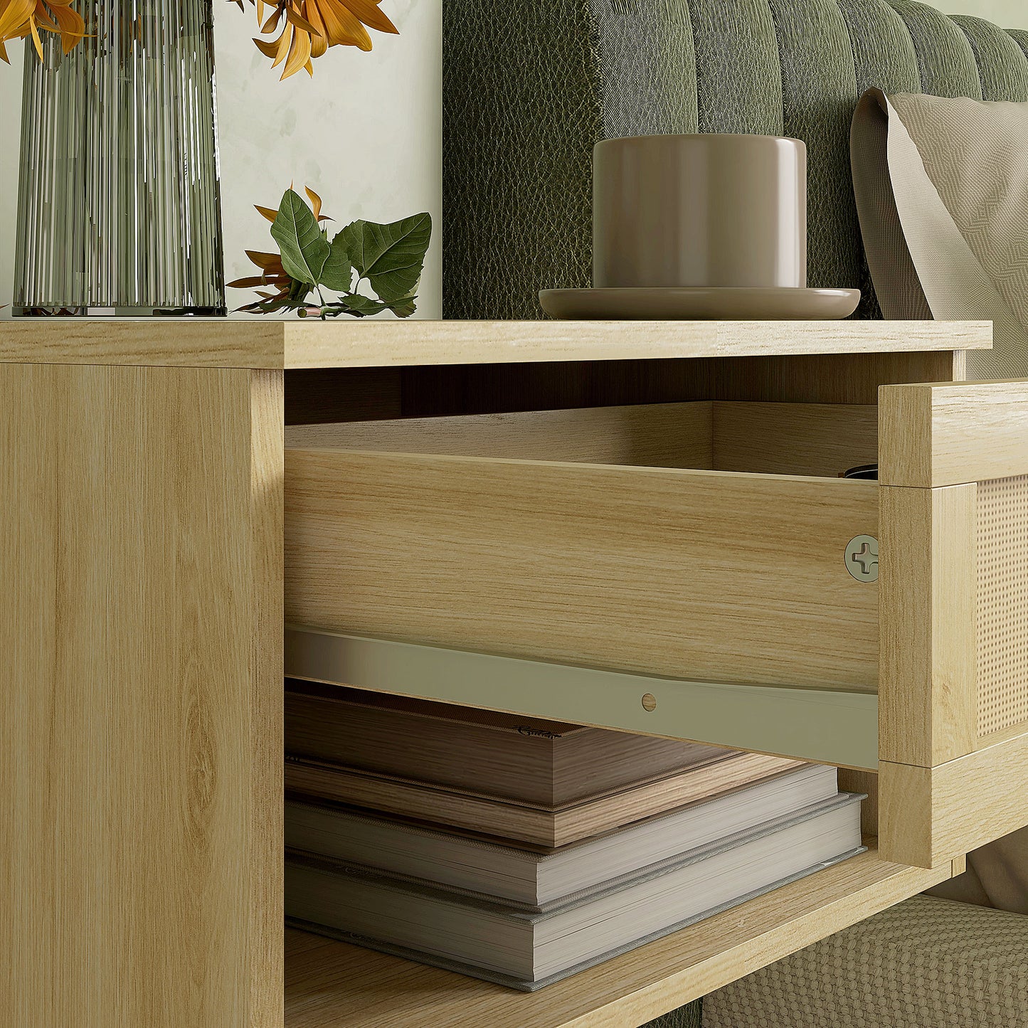 Tovelu Set Of 2 Wood Effect Floating Bedside Tables With Rattan Panels
