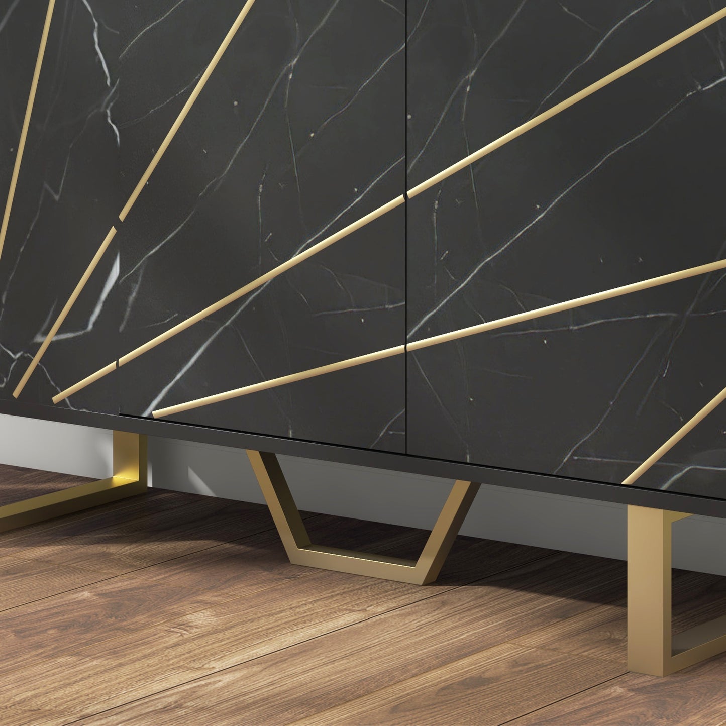 Suno Black Marble Effect Sideboard Golden Metal Legs 3 Doors