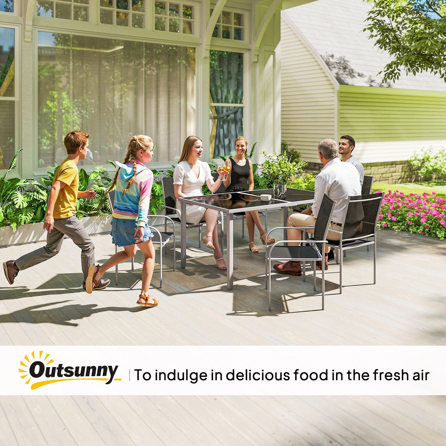 Fivedi 6 Seater Outdoor Garden Dining Set Tempered Glass Top Table and Stackable Mesh Chairs