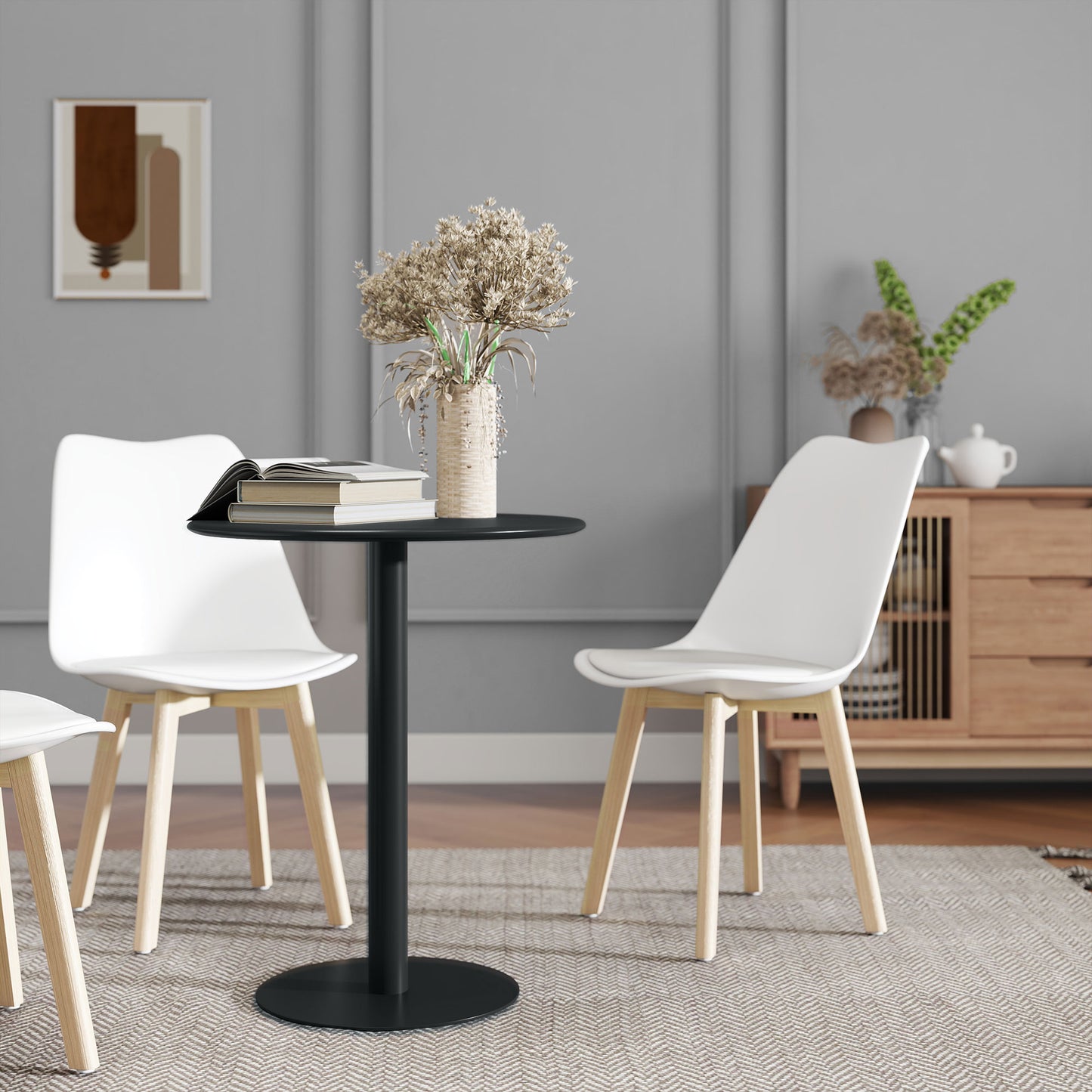 Lestaguette Metal And Wood Black Round Dining Table With Steel Base 60 x 60cm