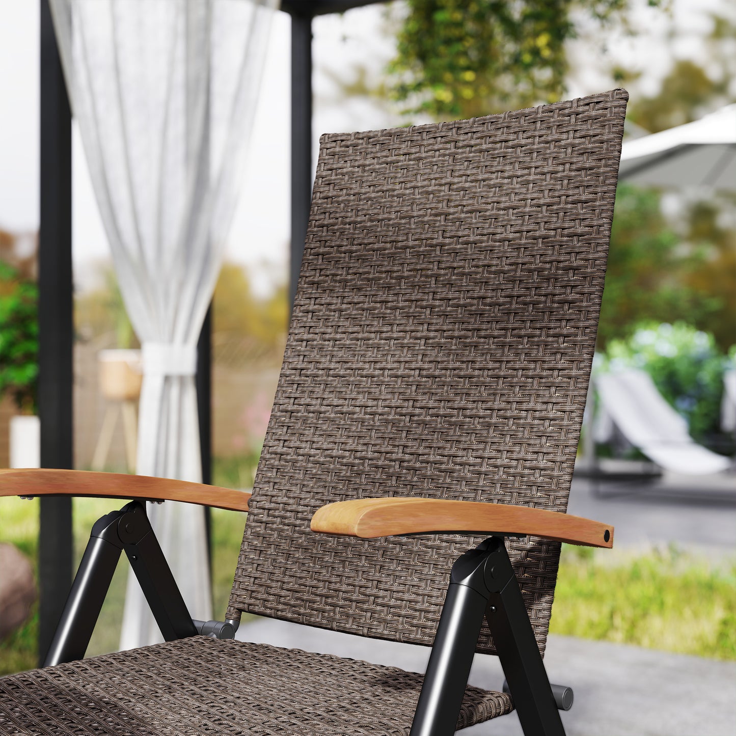 Nabaha Veel Rattan Brown Folding Garden Dining Chairs Set Of 2 With 5 Position Recline And Wood Armrests
