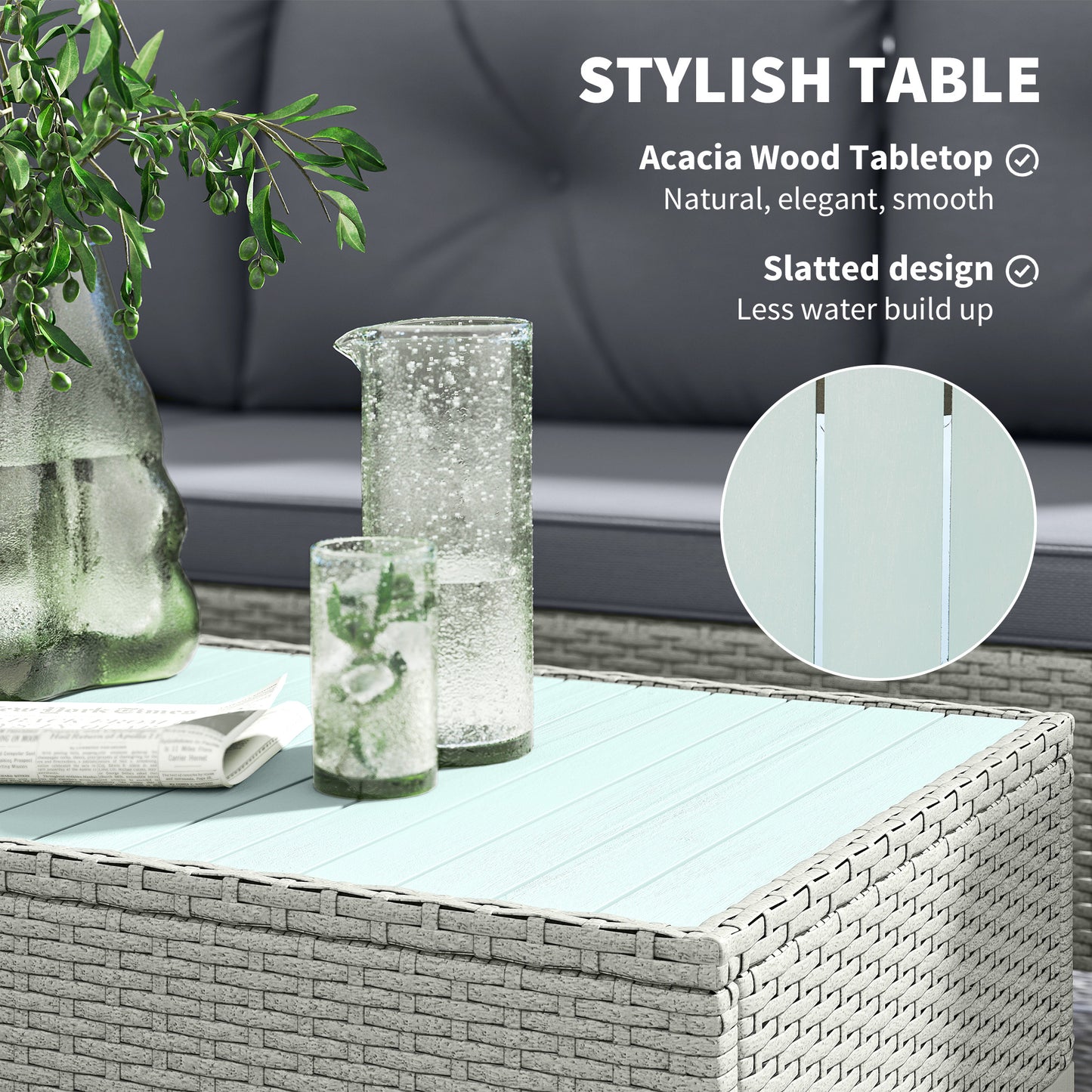 Tozivi Rattan Grey 3 Piece L Shaped Outdoor Conversation Set With Wood Top Table