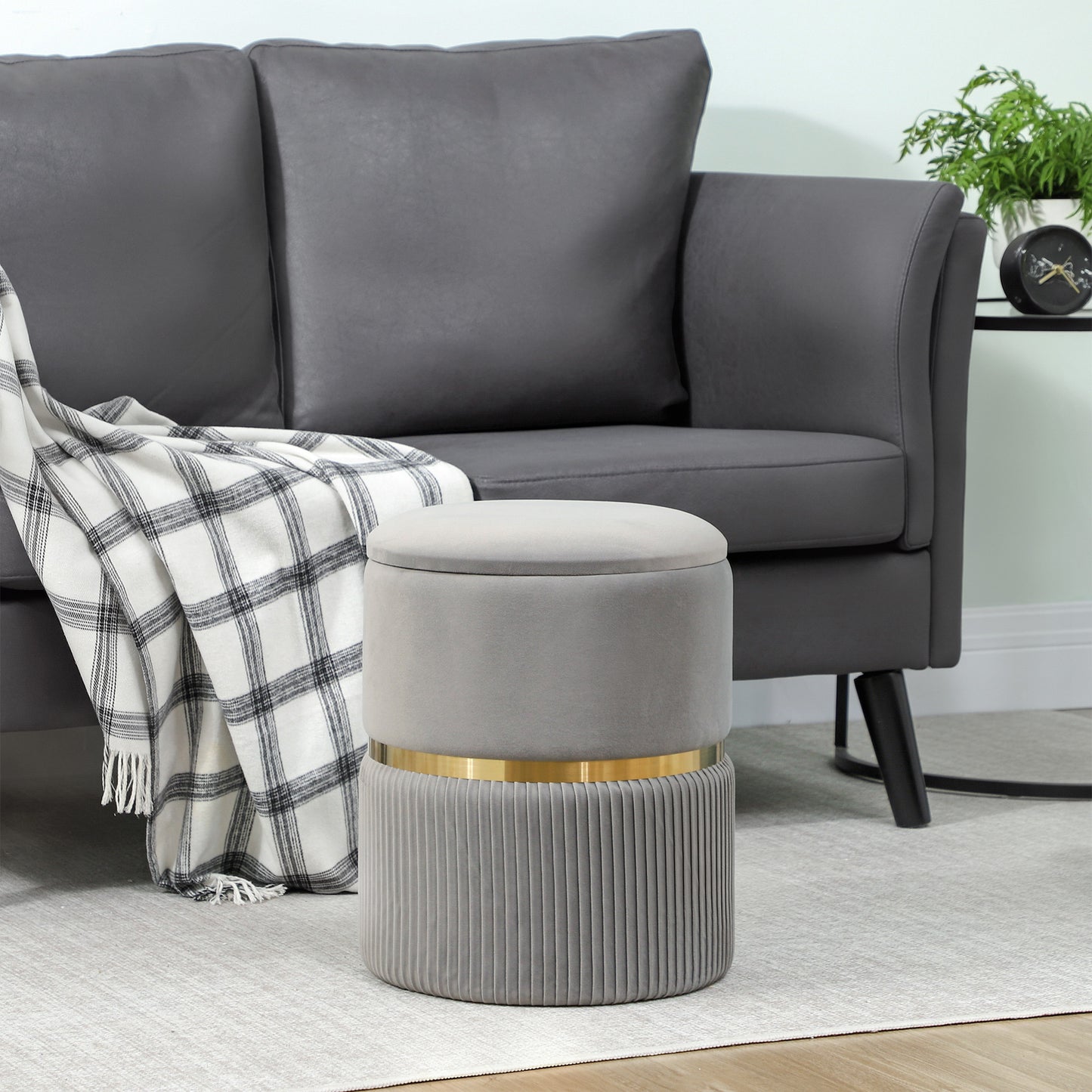 Rivera Velvet Light Grey Ribbed Storage Ottoman Gold Accent