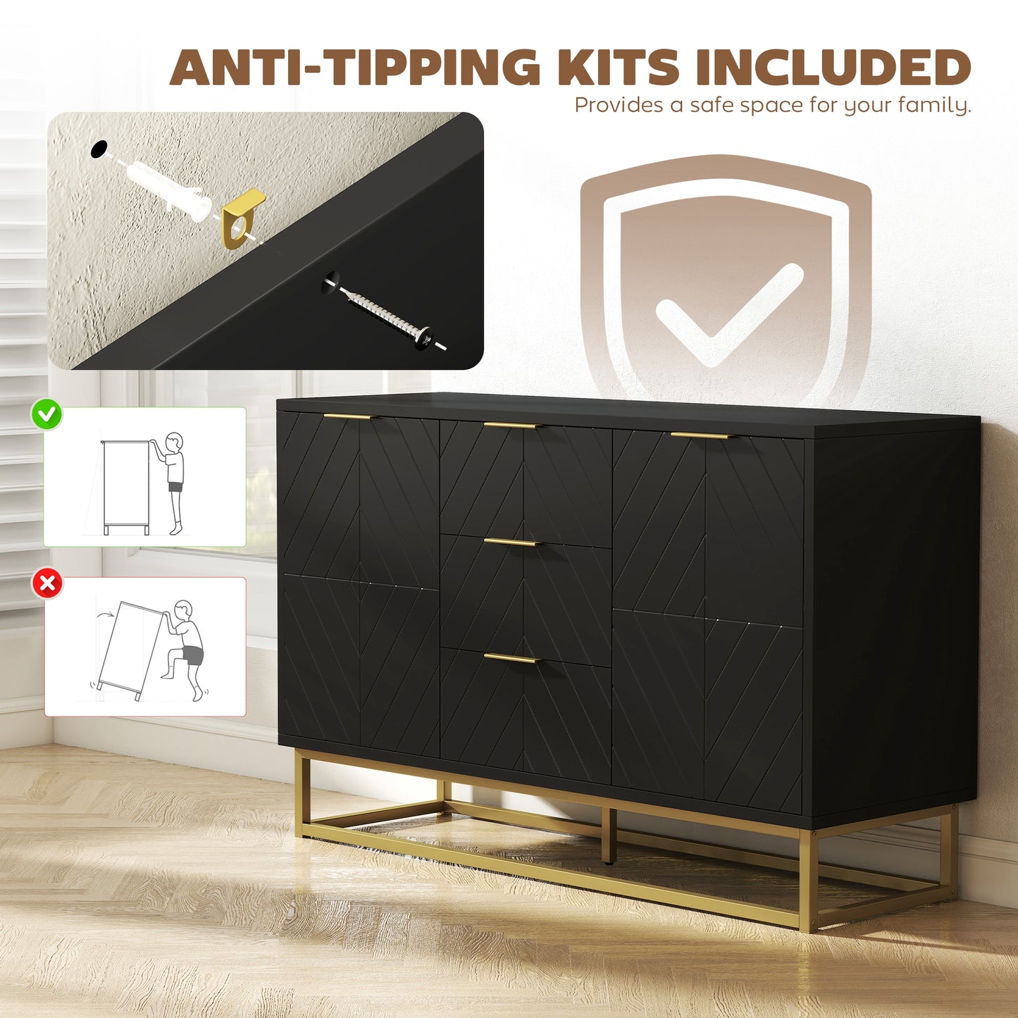 Varase Black Sideboard 3 Drawers 2 Doors Gold Accents