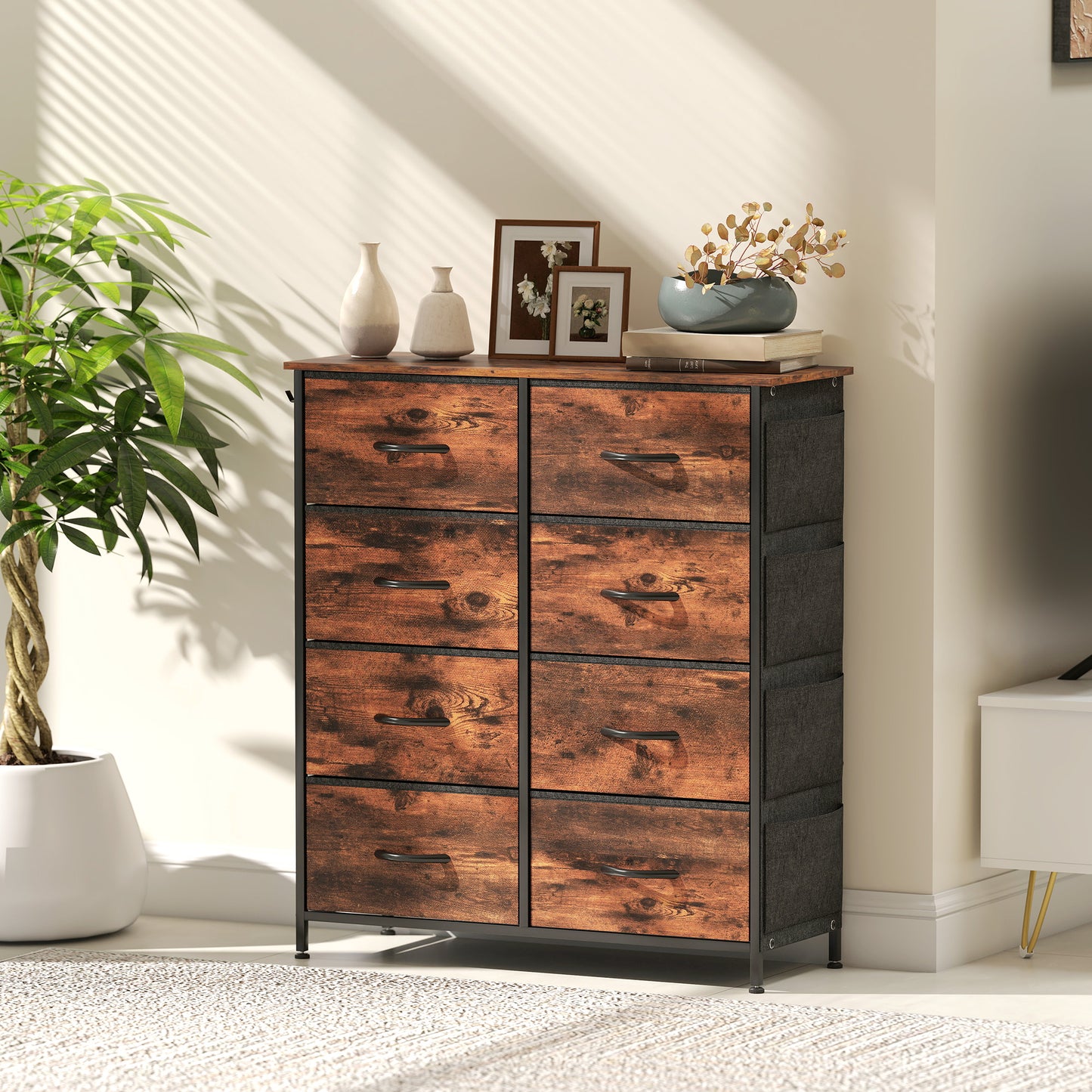Nive Fabric And Metal Rustic Brown 8 Drawer Storage Chest