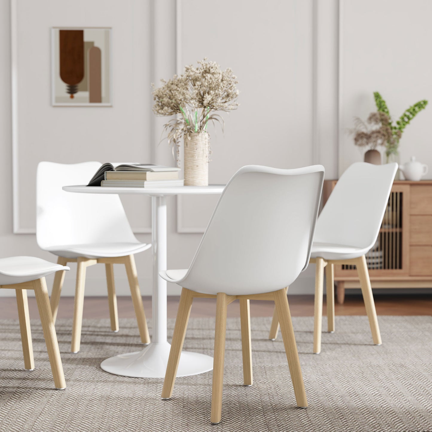 Vala Plastic and Wood White 5 Piece Modern Dining Table And Chair Set