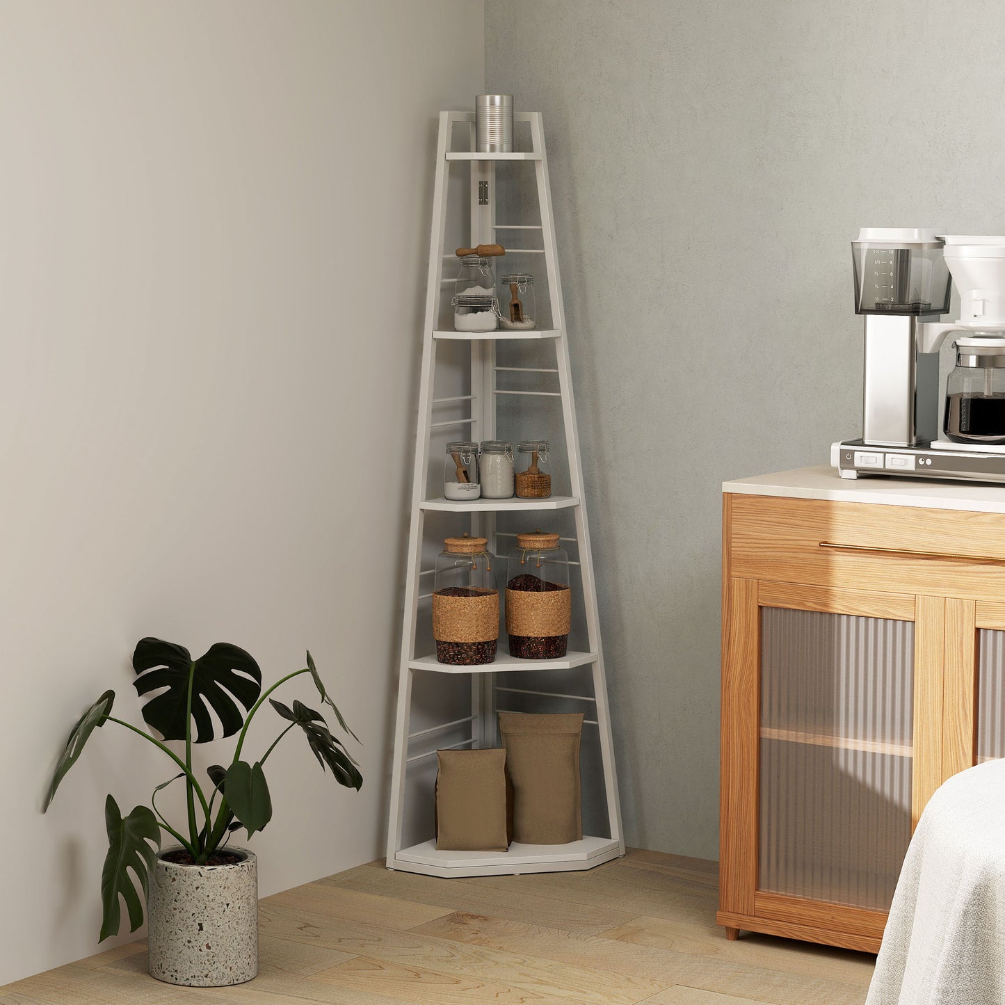 Vineha Wood White 5 Tier Corner Shelving Unit