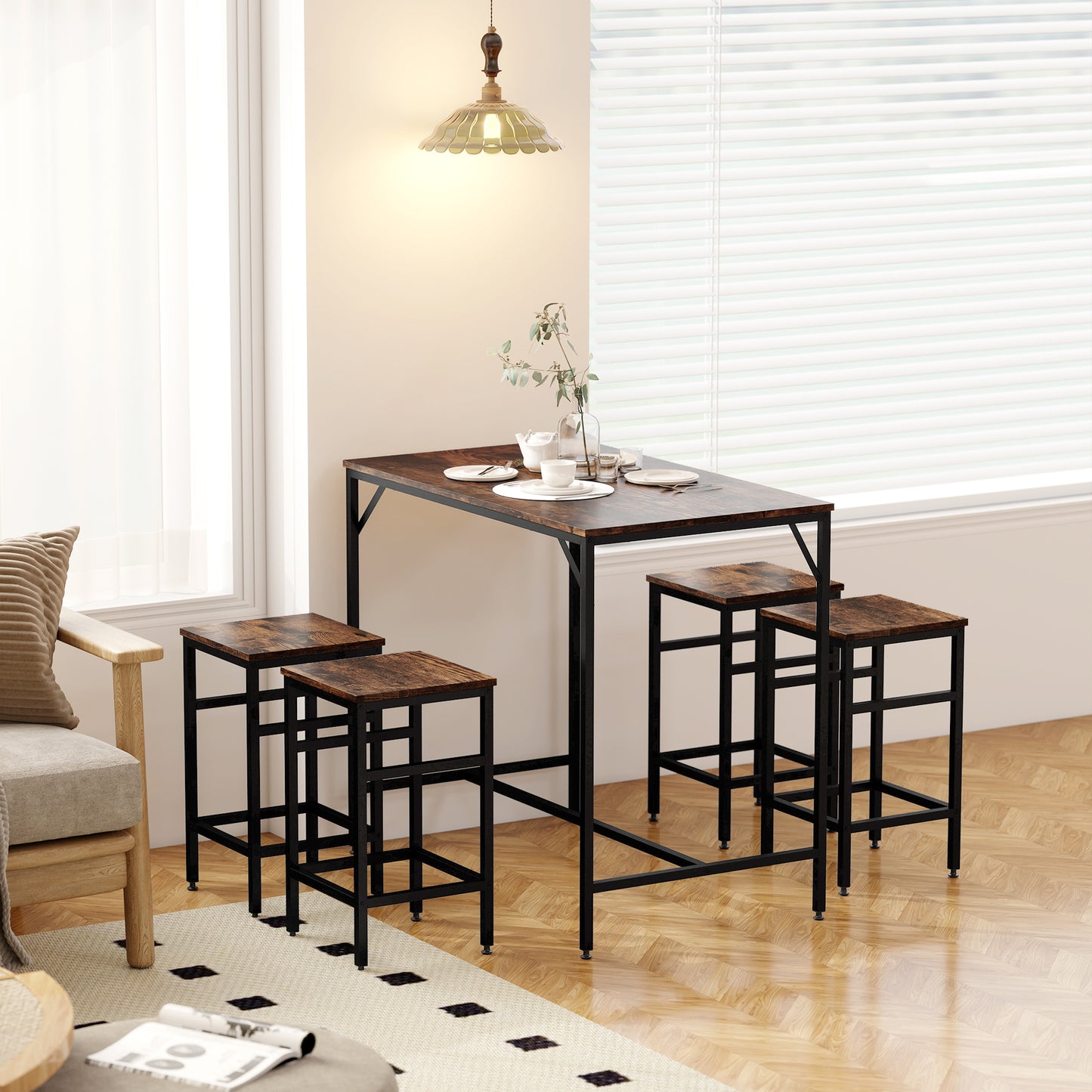 Vimose Wooden Rustic Brown 5 Piece Breakfast Bar Table And Stool Set