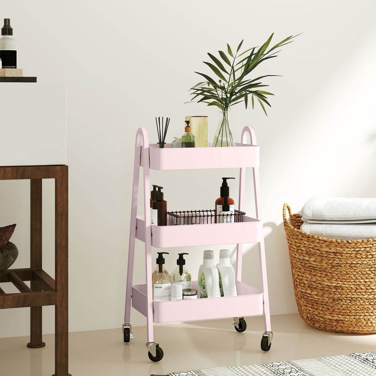 Subase Metal Pink 3 Tier Storage Trolley With Wheels