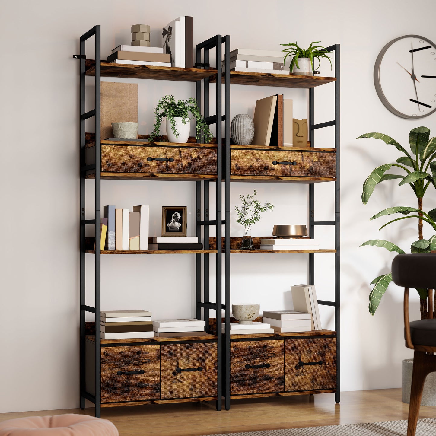 Cova Metal And Wood Brown And Black Industrial Bookcase With 4 Shelves And Fabric Drawers