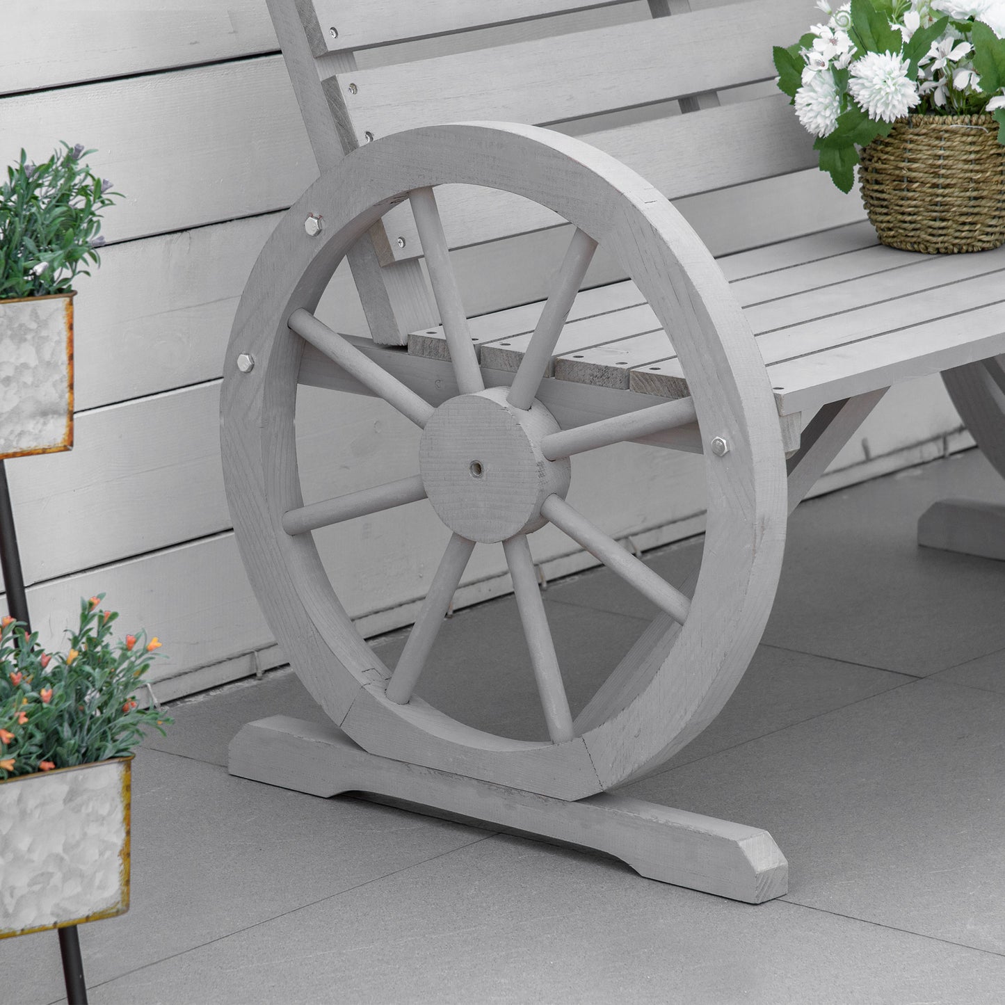 Linifi Wood Grey Rustic 2 Seater Garden Bench With Wagon Wheel Arms And High Back