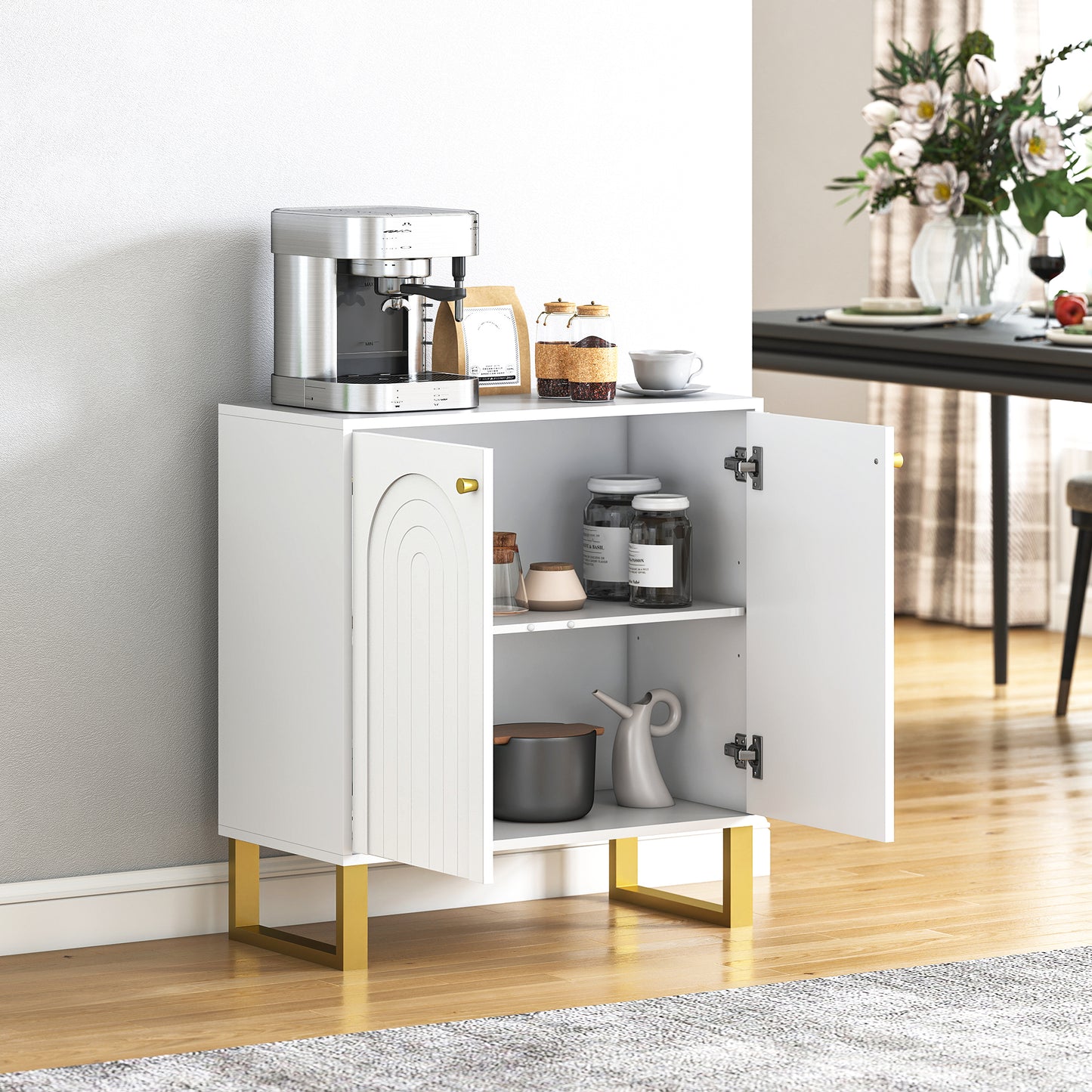 Tarezi Nedi White 2 Door Sideboard Storage Cabinet With Golden Accents