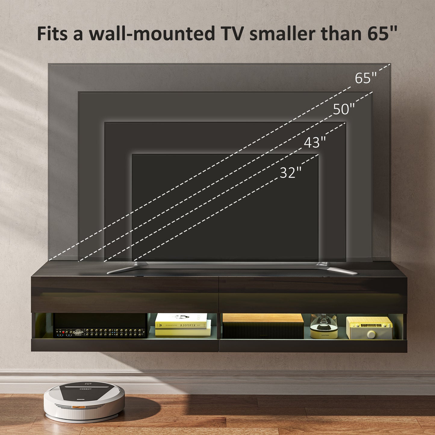 Vare 150cm High Gloss Black Floating TV Unit With LED Lighting For Screens Up To 65 Inches