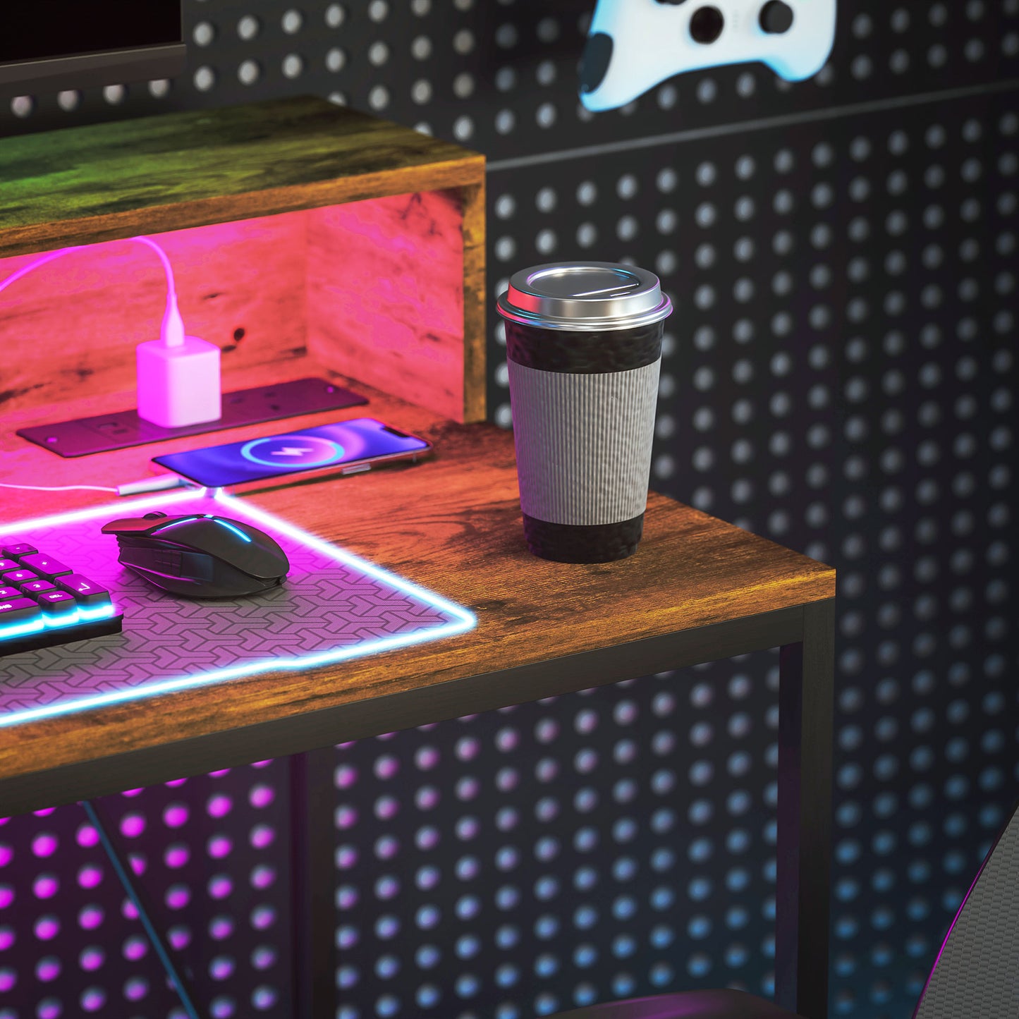 Rena Rustic Brown 100cm Gaming Desk With LED Lights Power Outlets And Monitor Stand