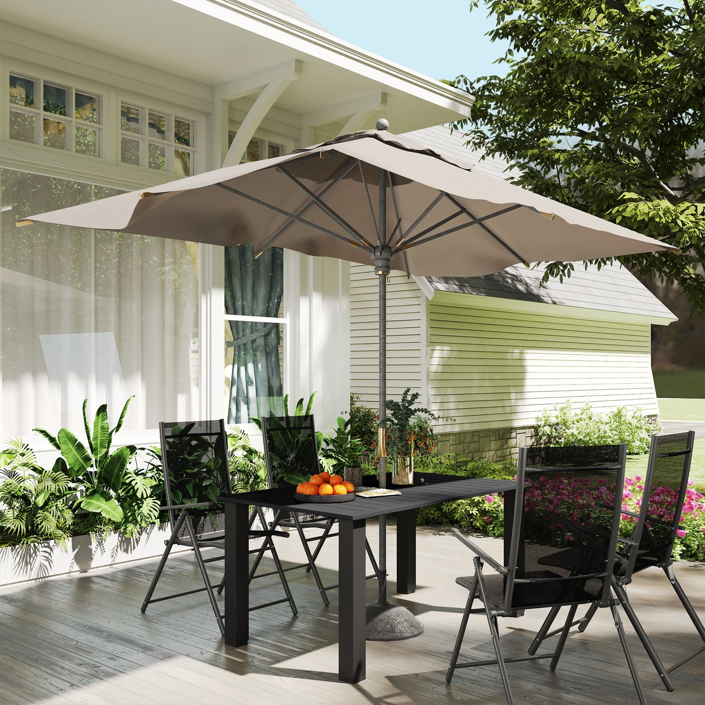 Diranovi Metal Black Rectangular Outdoor Dining Table With Slatted Top And Parasol Hole For 6