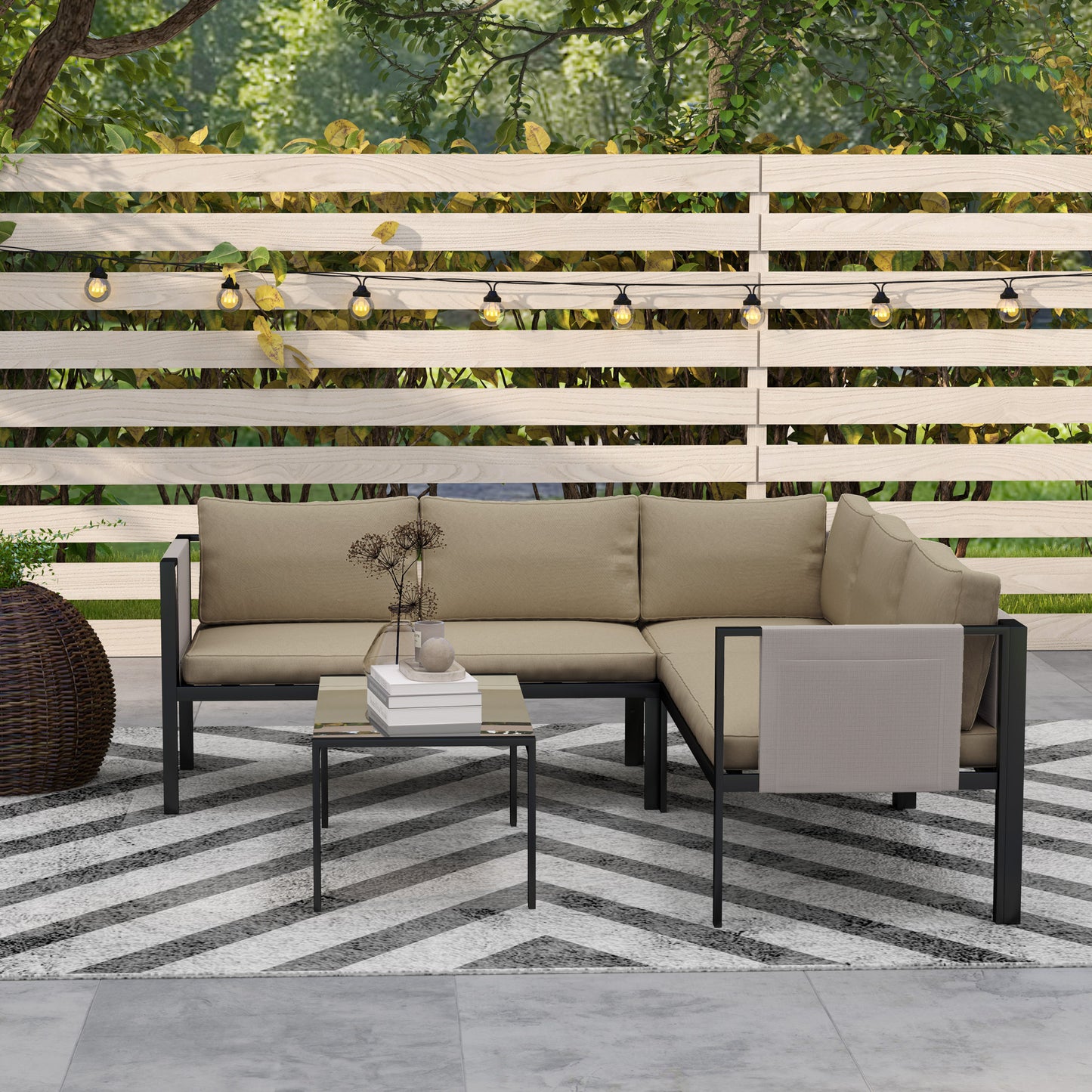 Cichetti Beige 5 Seater Corner Garden Sofa Set With Glass Top Coffee Table And Cushions