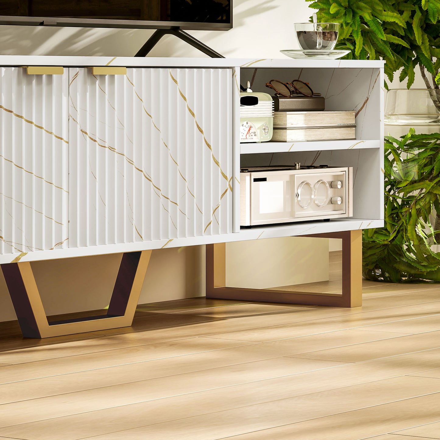 Veriri 140cm White Marble and Gold Effect TV Unit With Fluted Doors For Screens Up To 70 Inches