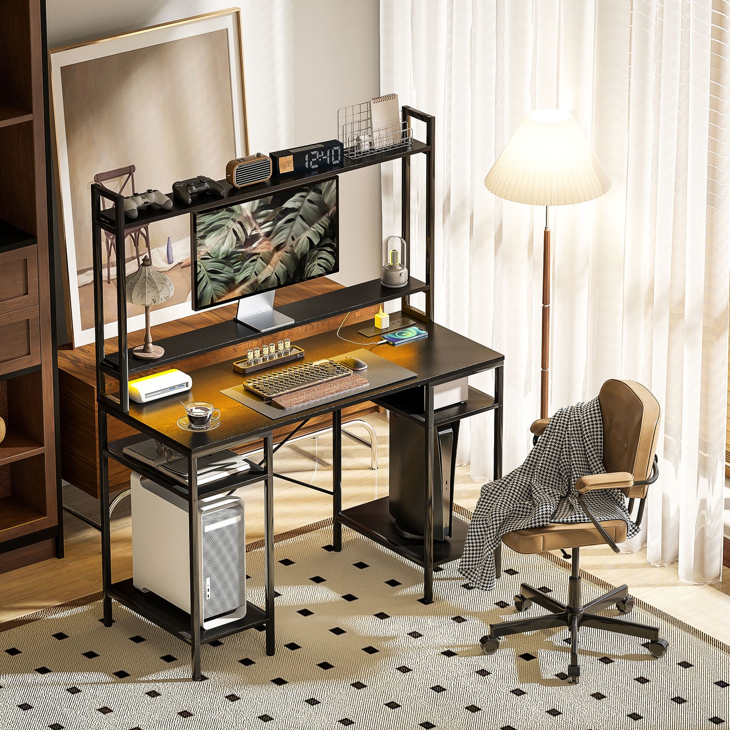 Difato 120cm Black Gaming Desk With Power Outlets LED Lighting Monitor Stand And Shelving Hutch