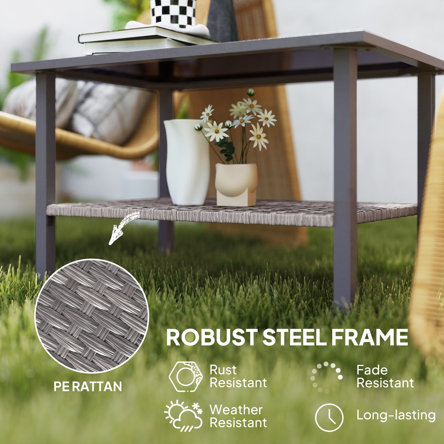 Revano Grey Rattan Outdoor Coffee Table With Tempered Glass Top and Lower Shelf